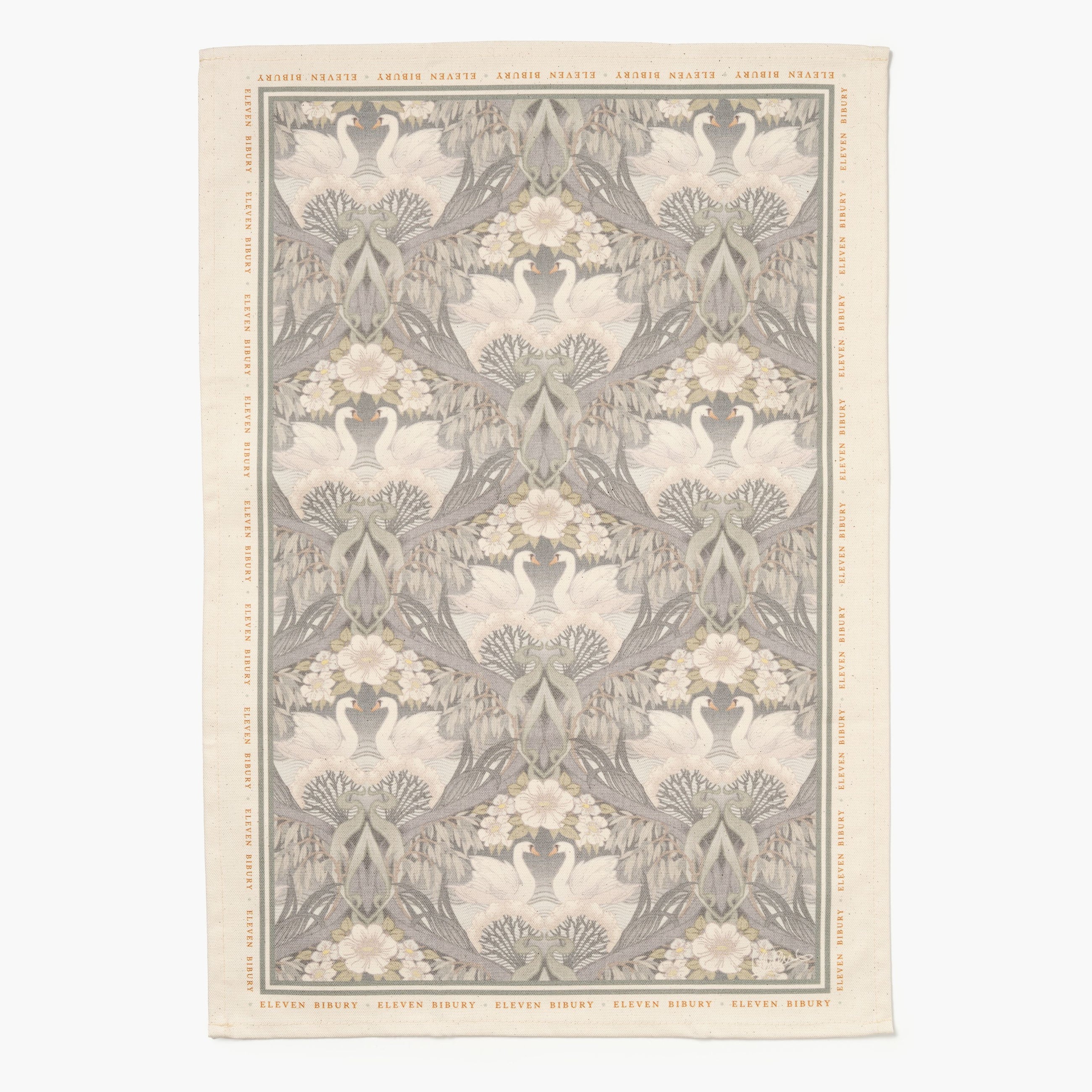 Printed cotton tea towel with Bibury Swan design on a plain background.
