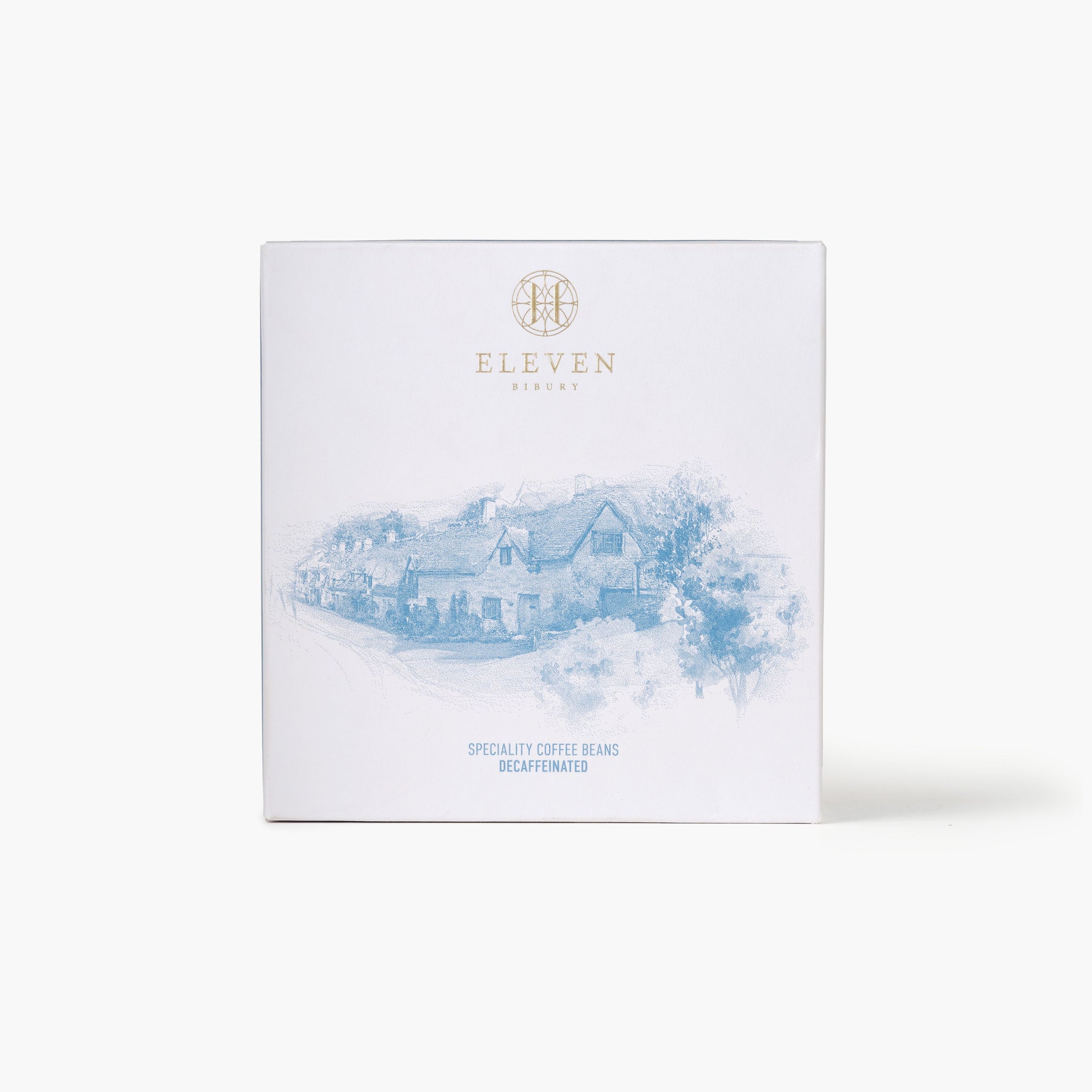 Decaf Coffee packaging with 'Eleven Bibury' branding on a white background