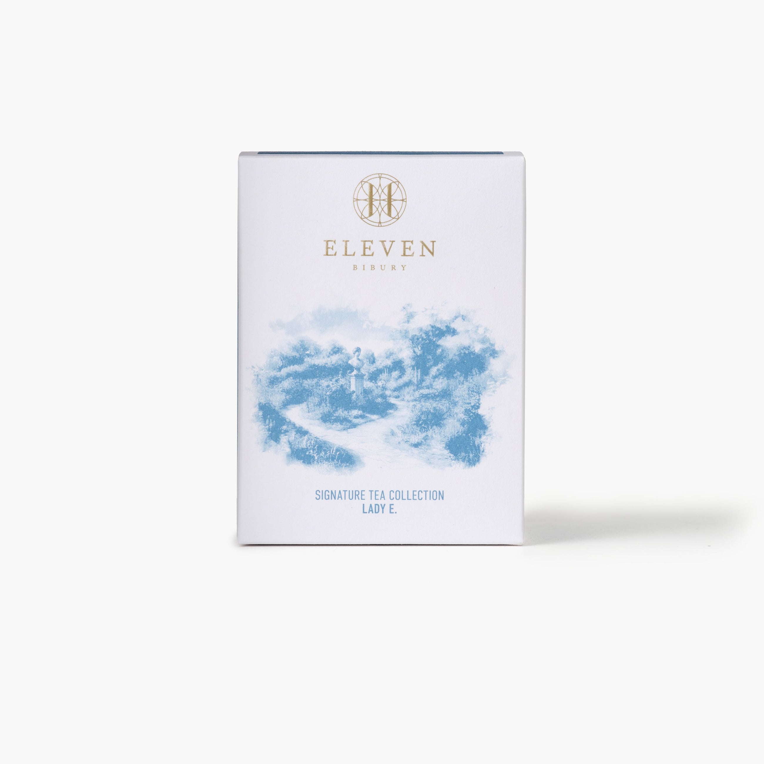 Tea box with 'Eleven Bibury' branding on a white background
