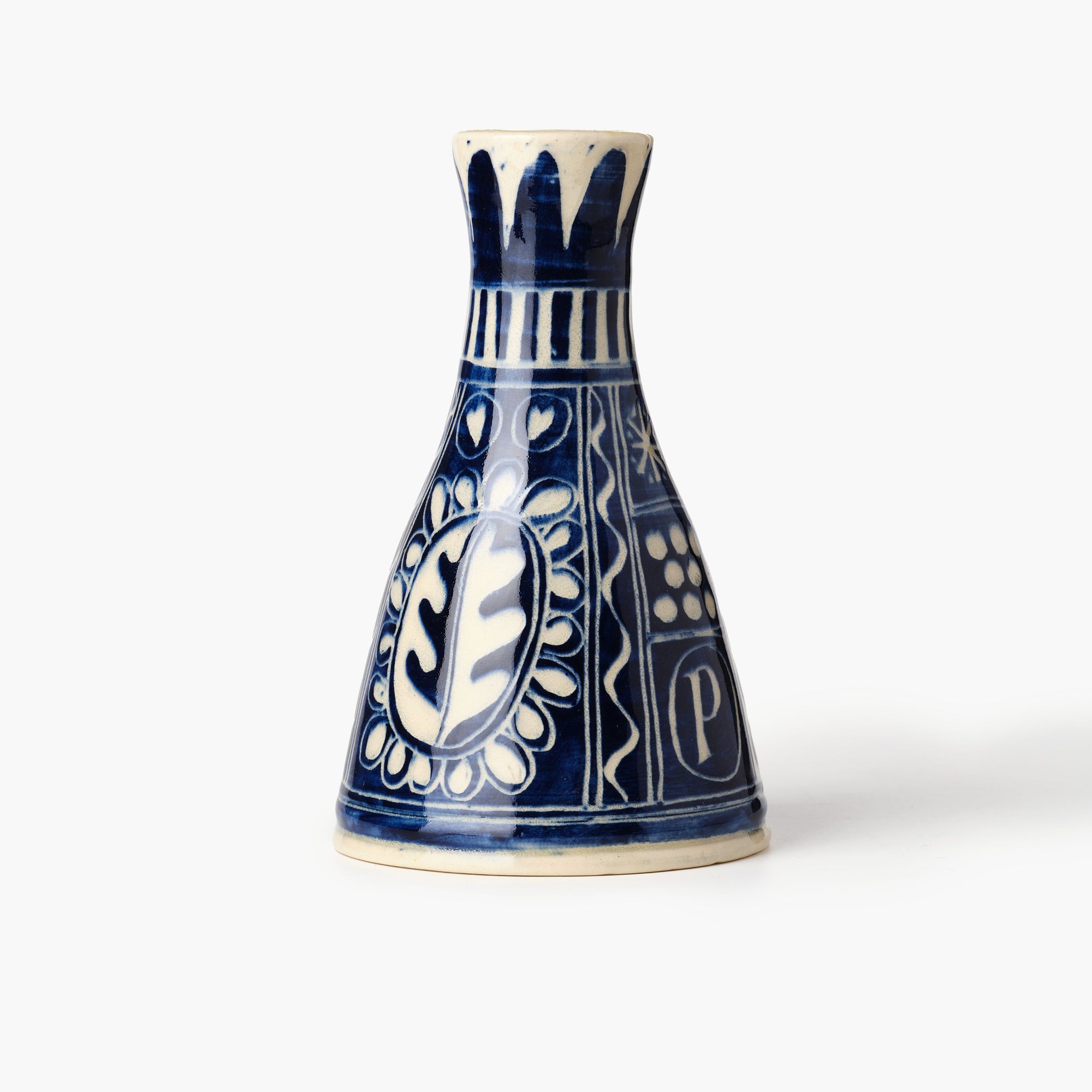 Small conical vase with painterly blue and white decoration, handmade in Gloucestershire