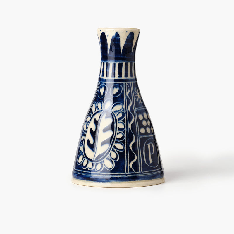 Small conical vase with painterly blue and white decoration, handmade in Gloucestershire
