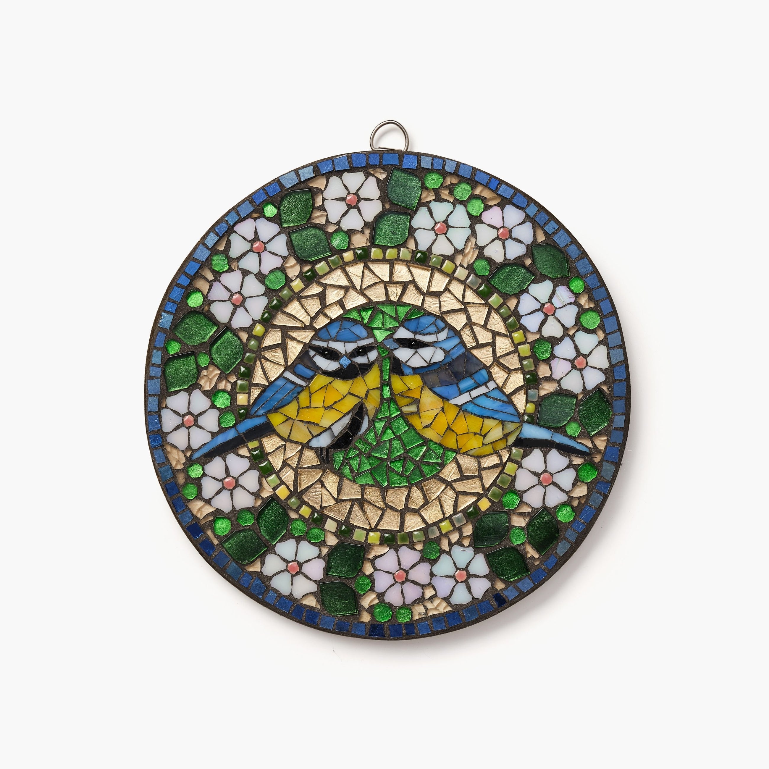 Mosaic artwork of a two blue tits surrounded by flowers on a white background