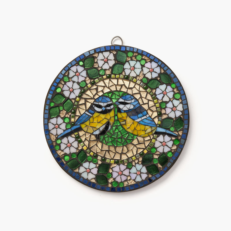 Mosaic artwork of a two blue tits surrounded by flowers on a white background
