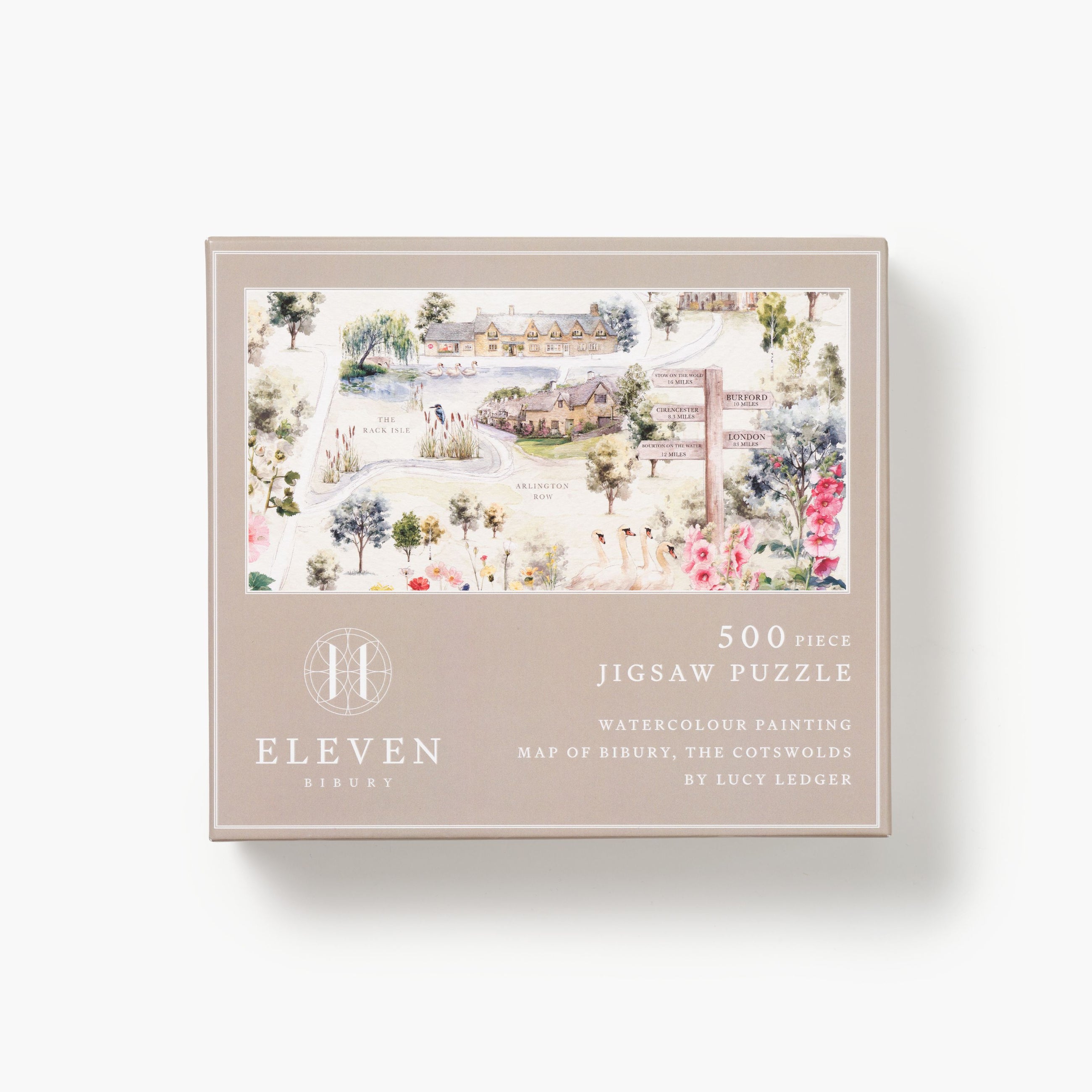 Jigsaw puzzle box with a scenic illustration on a white background