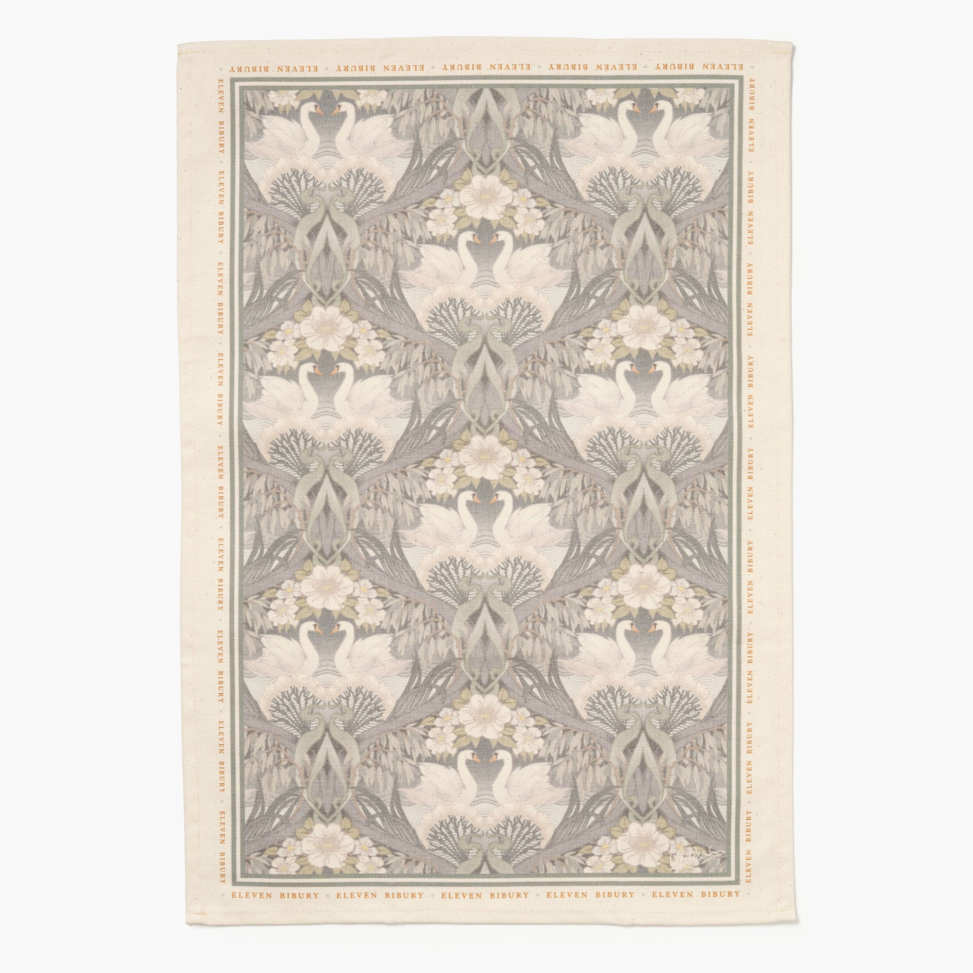 Printed cotton tea towel with Bibury Swan design on a plain background.