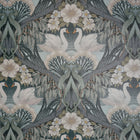 Patterned wallpaper with swans and floral design on a dark background