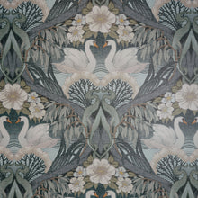 Patterned wallpaper with swans and floral design on a dark background