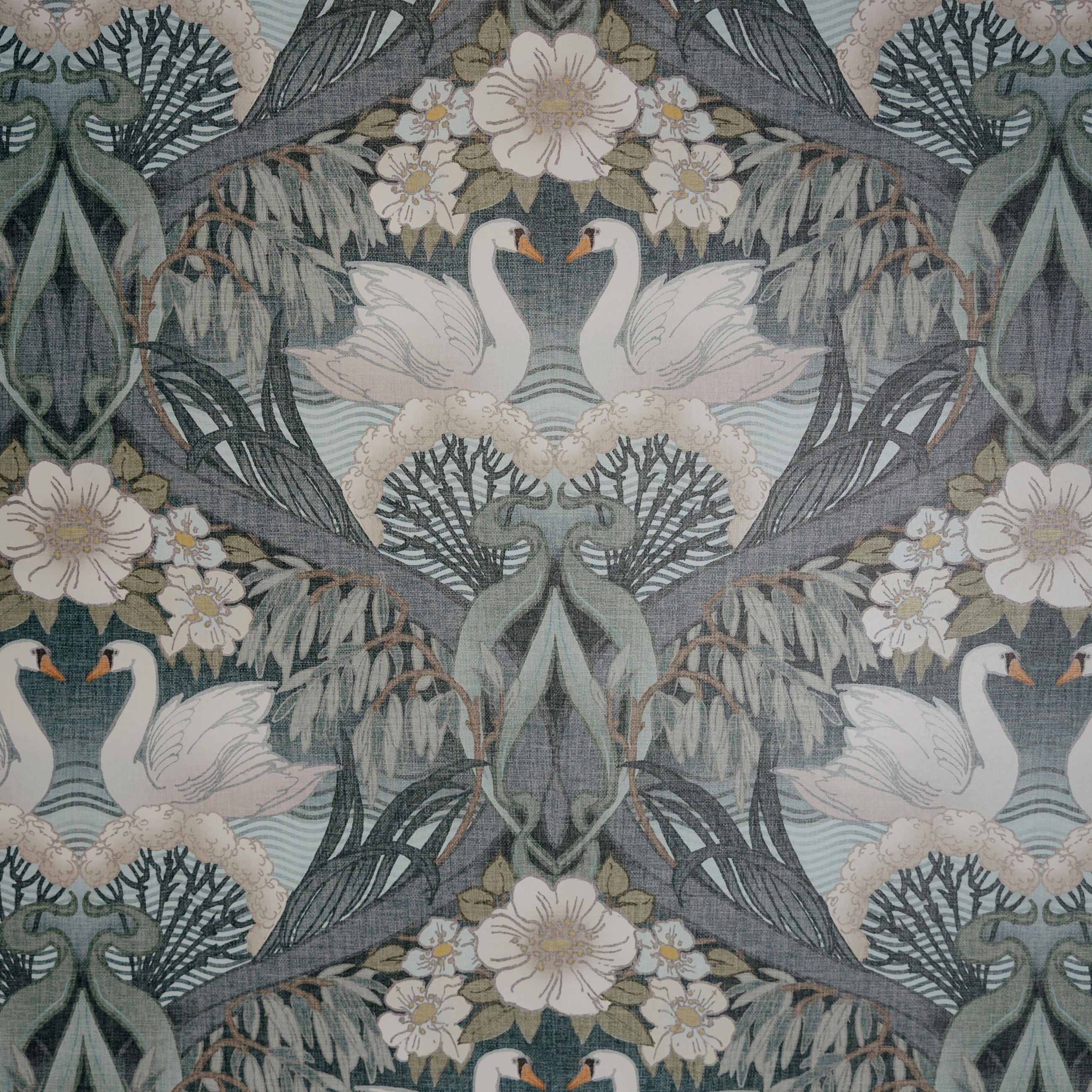 Patterned wallpaper with swans and floral design on a dark background