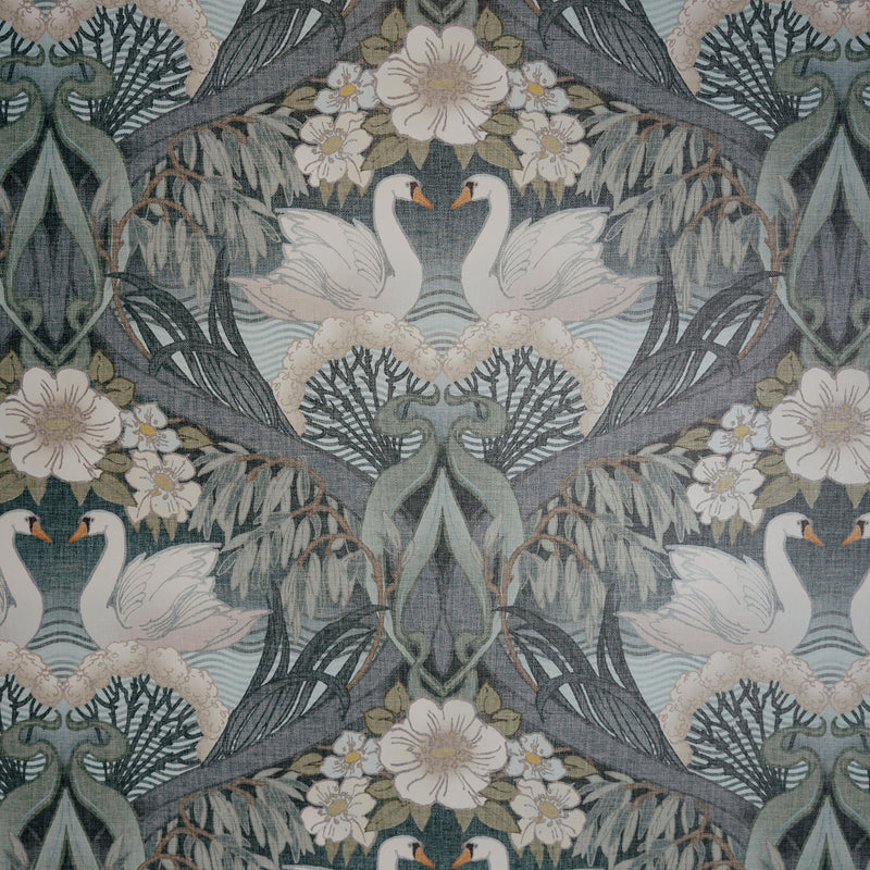 Patterned wallpaper with swans and floral design on a dark background