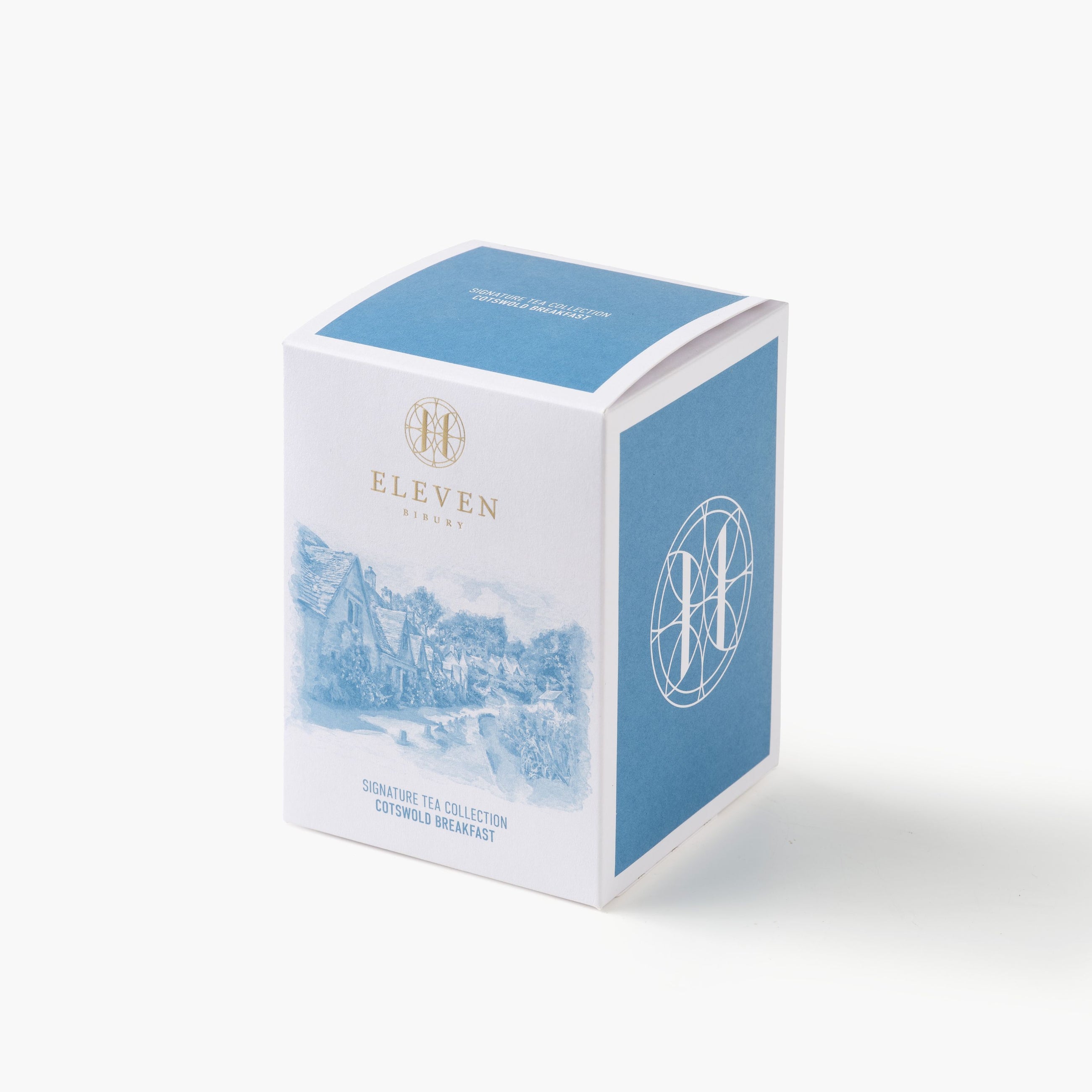 Cotswold Breakfast Tea in blue and white tea box with 'Eleven Bibury' branding on a white background
