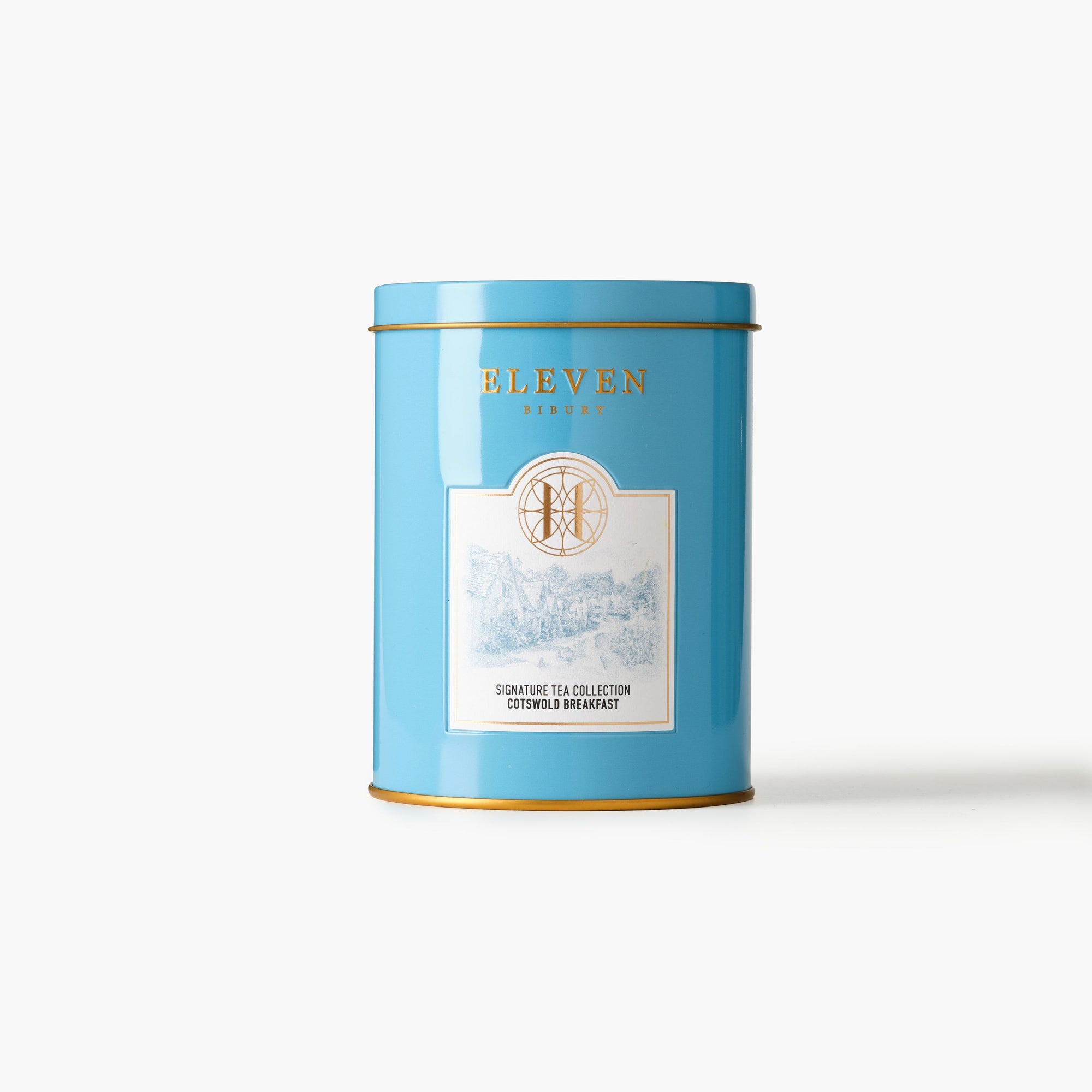 Blue tea canister with 'ELEVEN BIBURY' branding on a white background