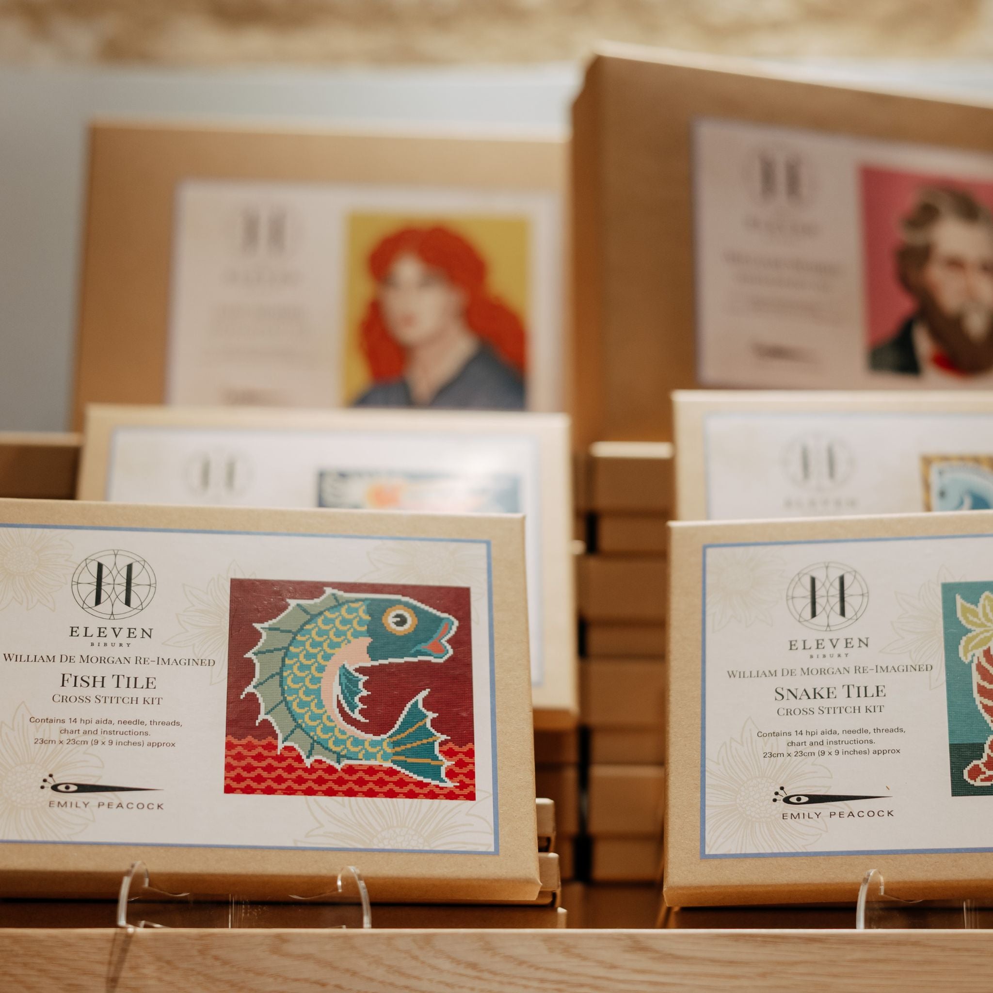 Collection of framed cross stitch patterns with fish and snake designs on a wooden surface.