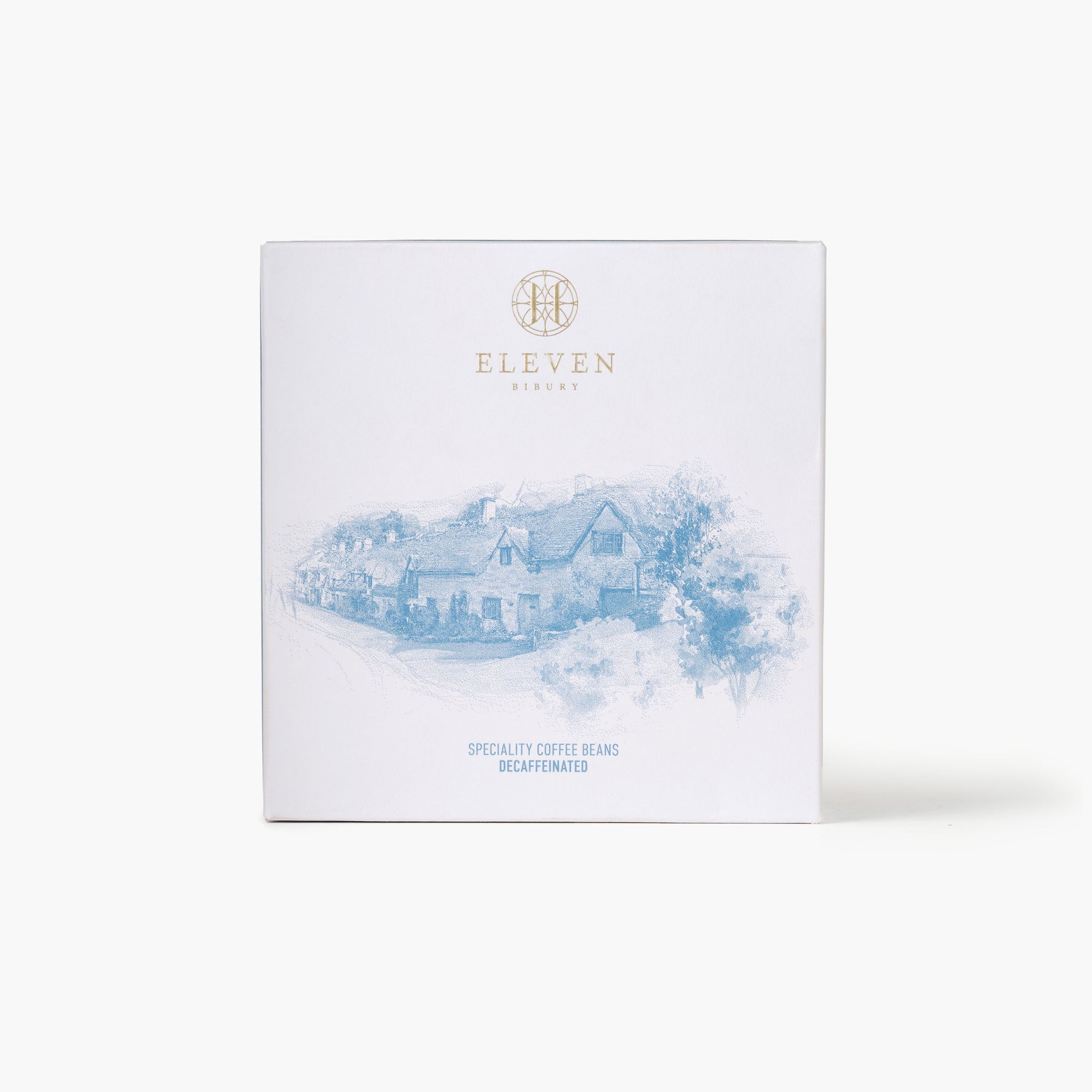 Decaf Coffee packaging with 'Eleven Bibury' branding on a white background