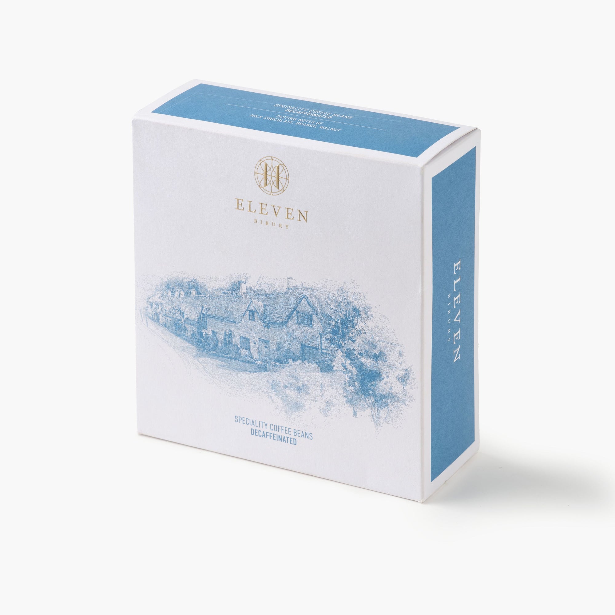 Eleven Bibury decaf coffee beans in a white and blue box with 'ELEVEN BIBURY' branding on a white background