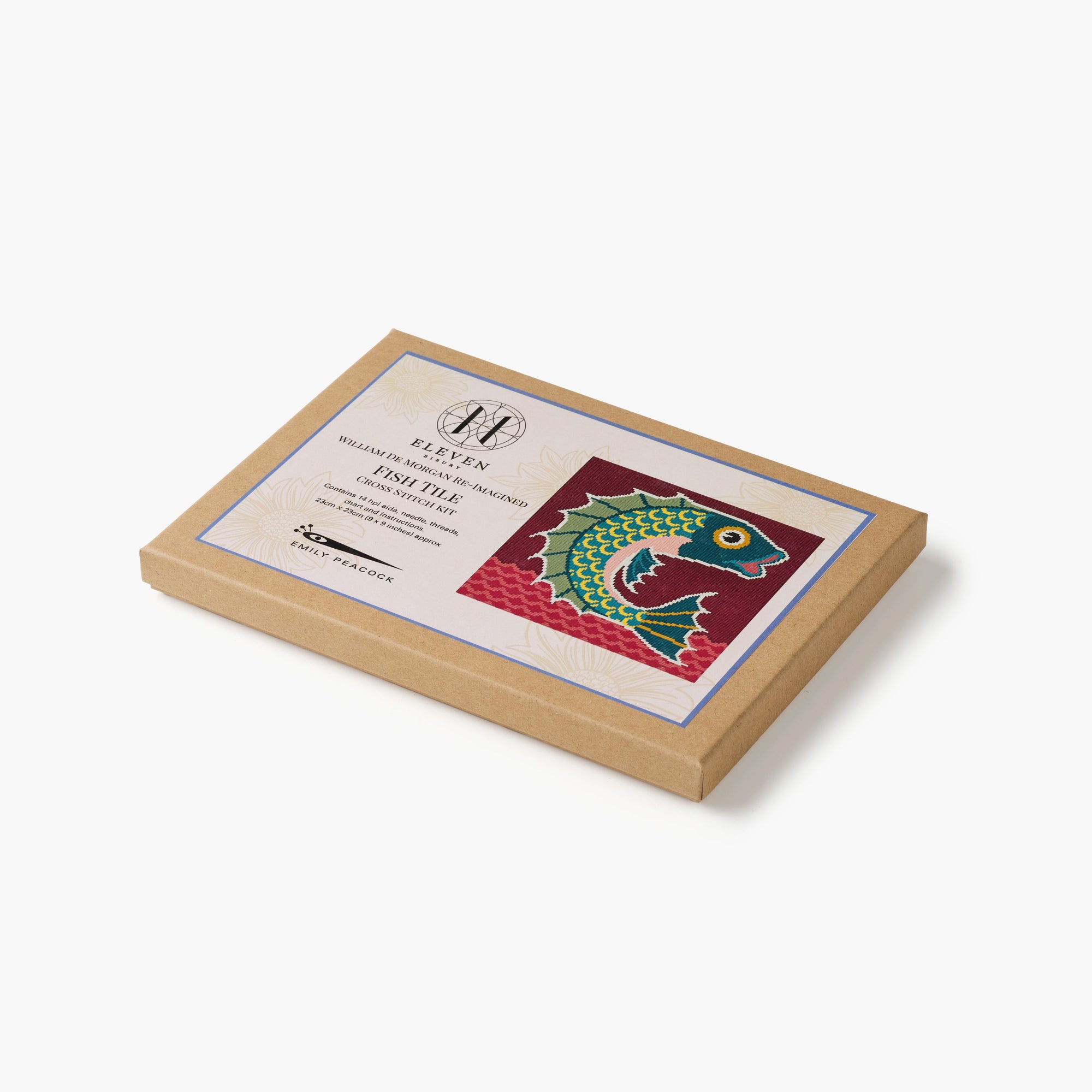 Wooden box with a colorful fish design and label on a white background
