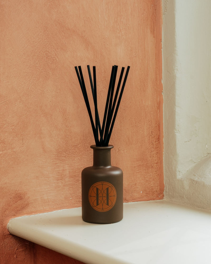 Brown diffuser bottle with black sticks against a pink wall