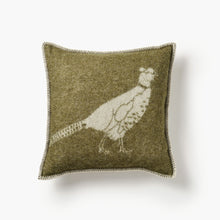 Green cushion with a pheasant design on a white background