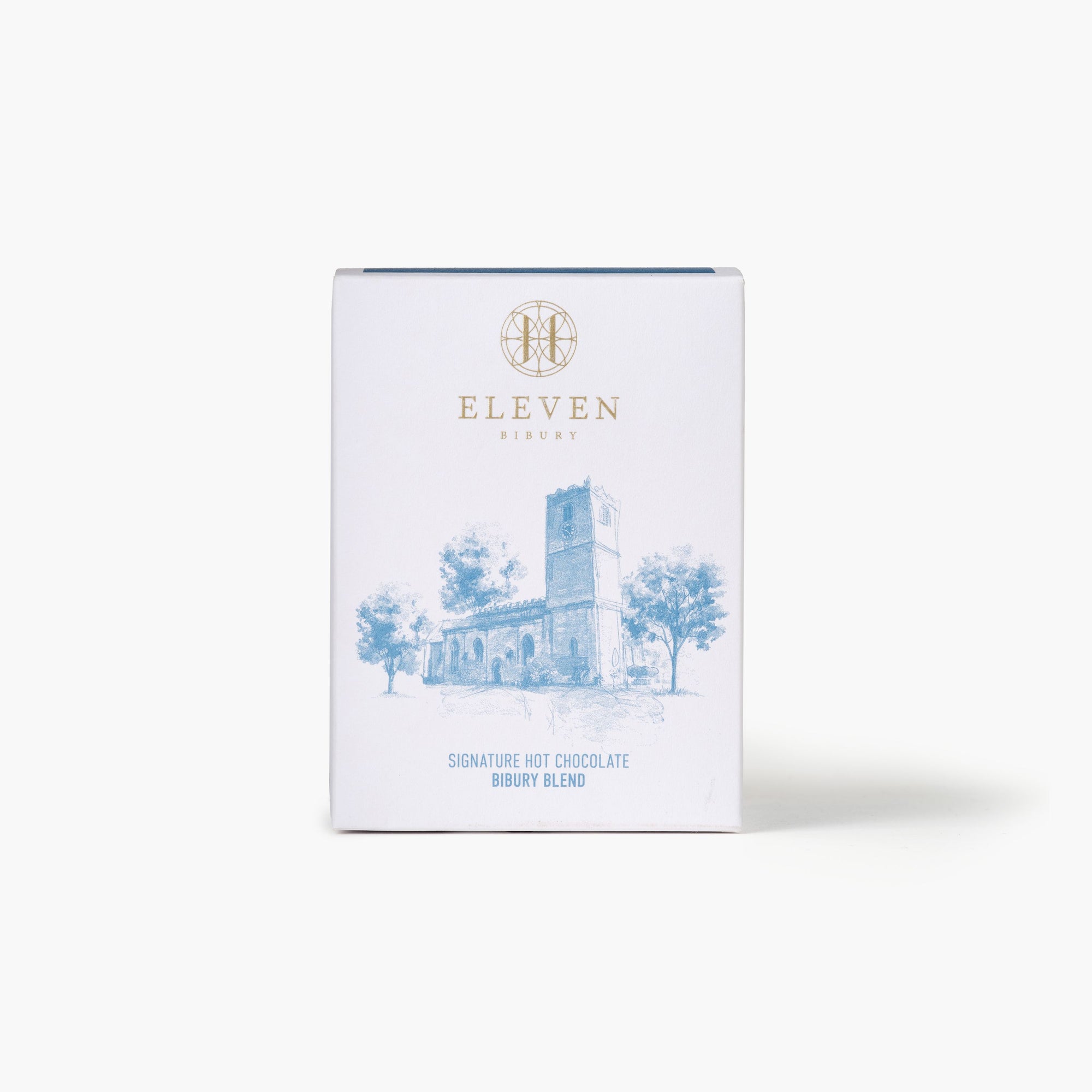 White packaging of Eleven Bibury Hot Chocolate on a white background