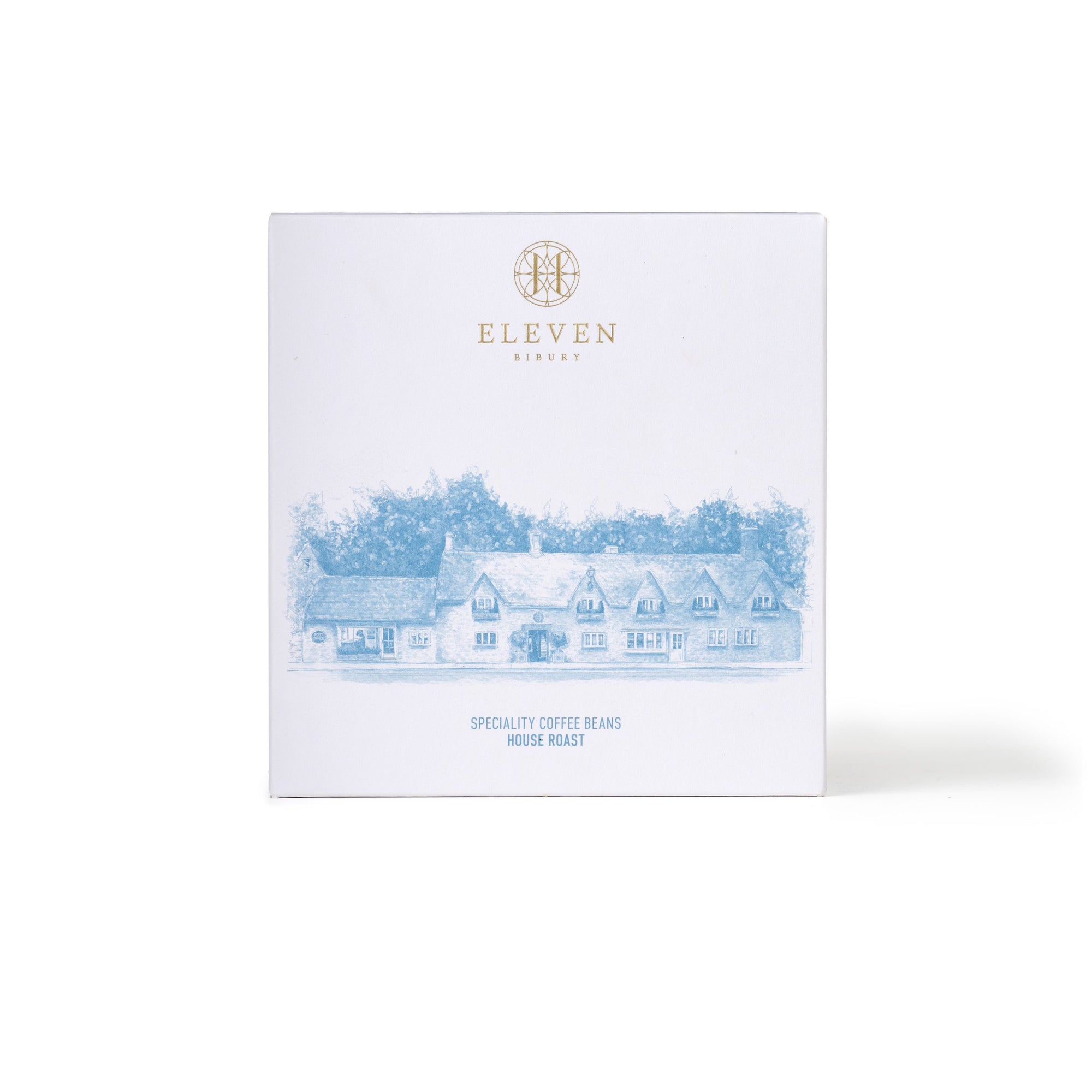 House Roast Coffee Beans in white box with blue illustration and 'Eleven Bibury' branding on a white background