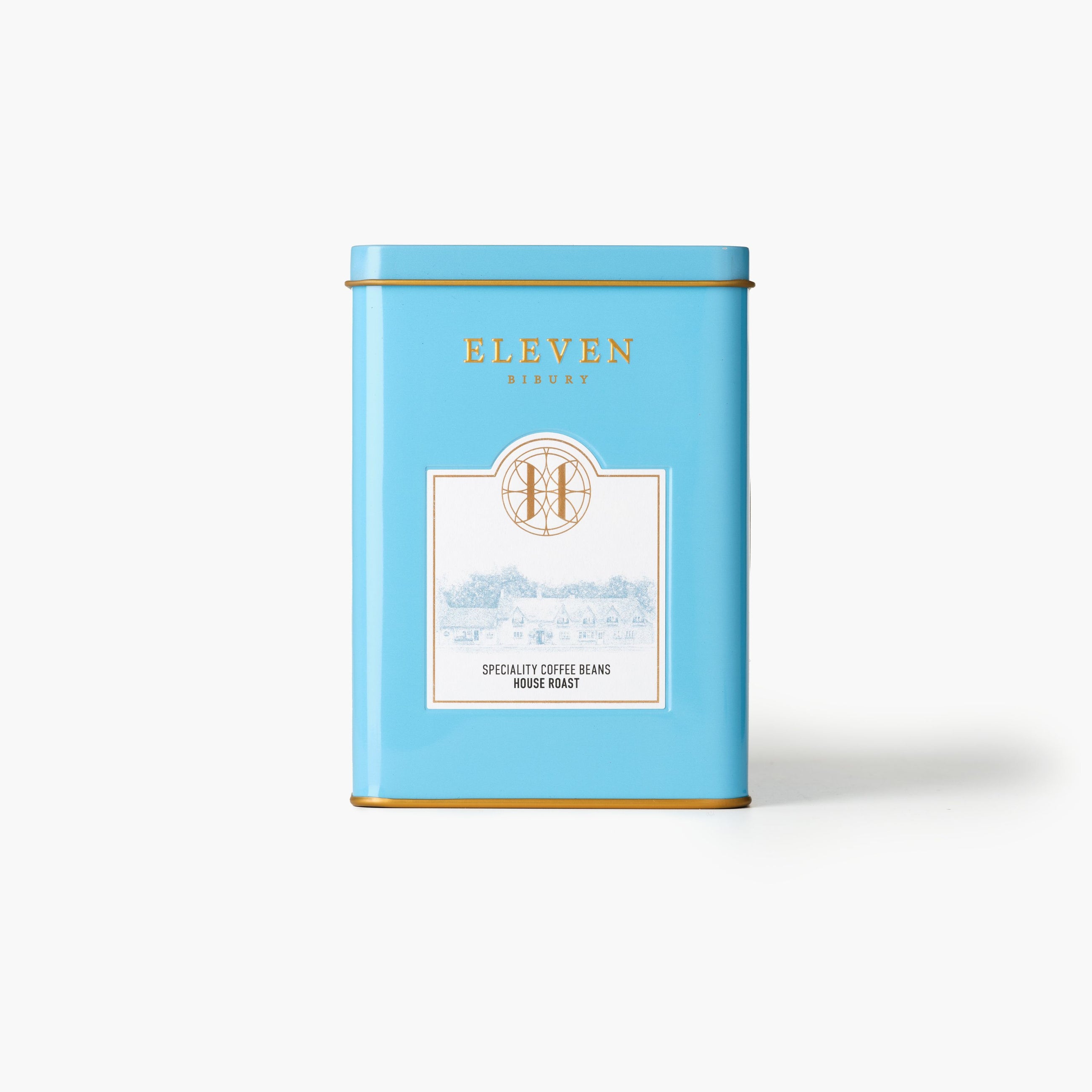 Blue coffee tin with 'Eleven Bibury' branding on a white background