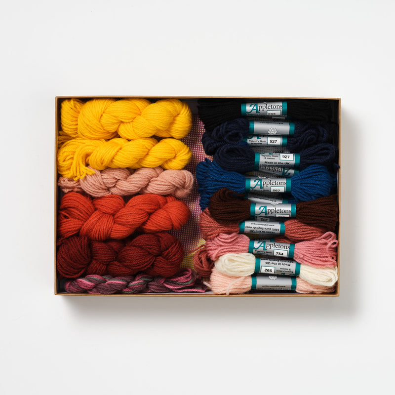 Box of colorful yarn and embroidery threads on a white background