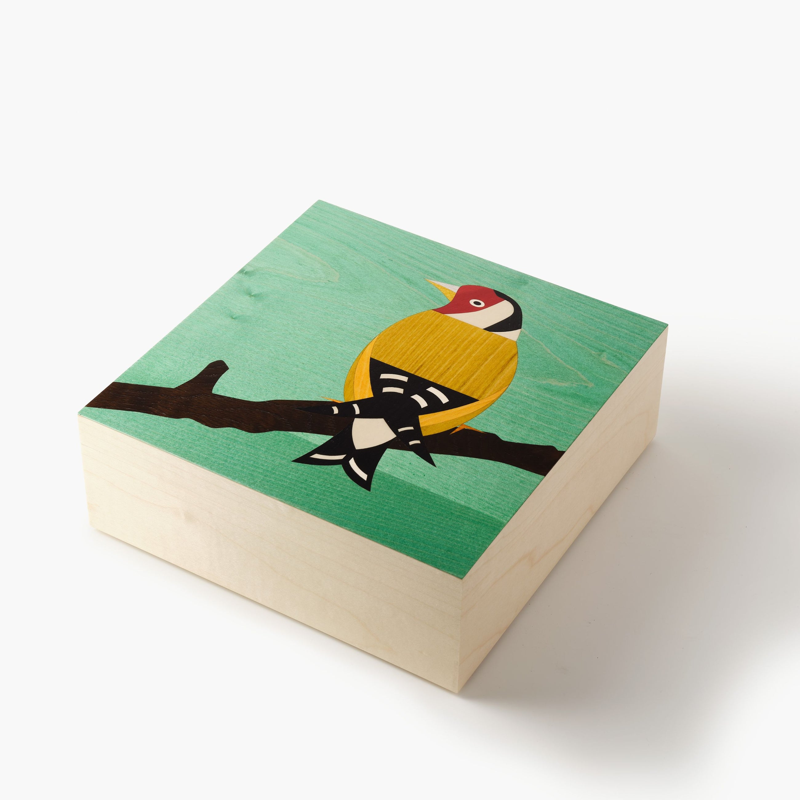 Wooden block with a colorful bird illustration on a green background