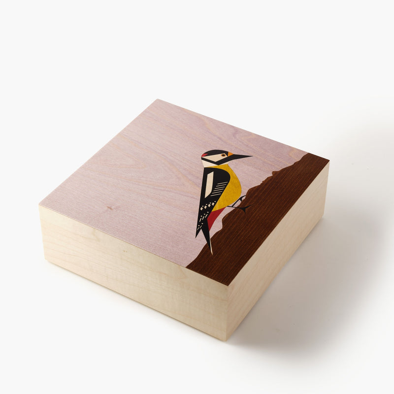 Wooden block with a bird illustration on a white background