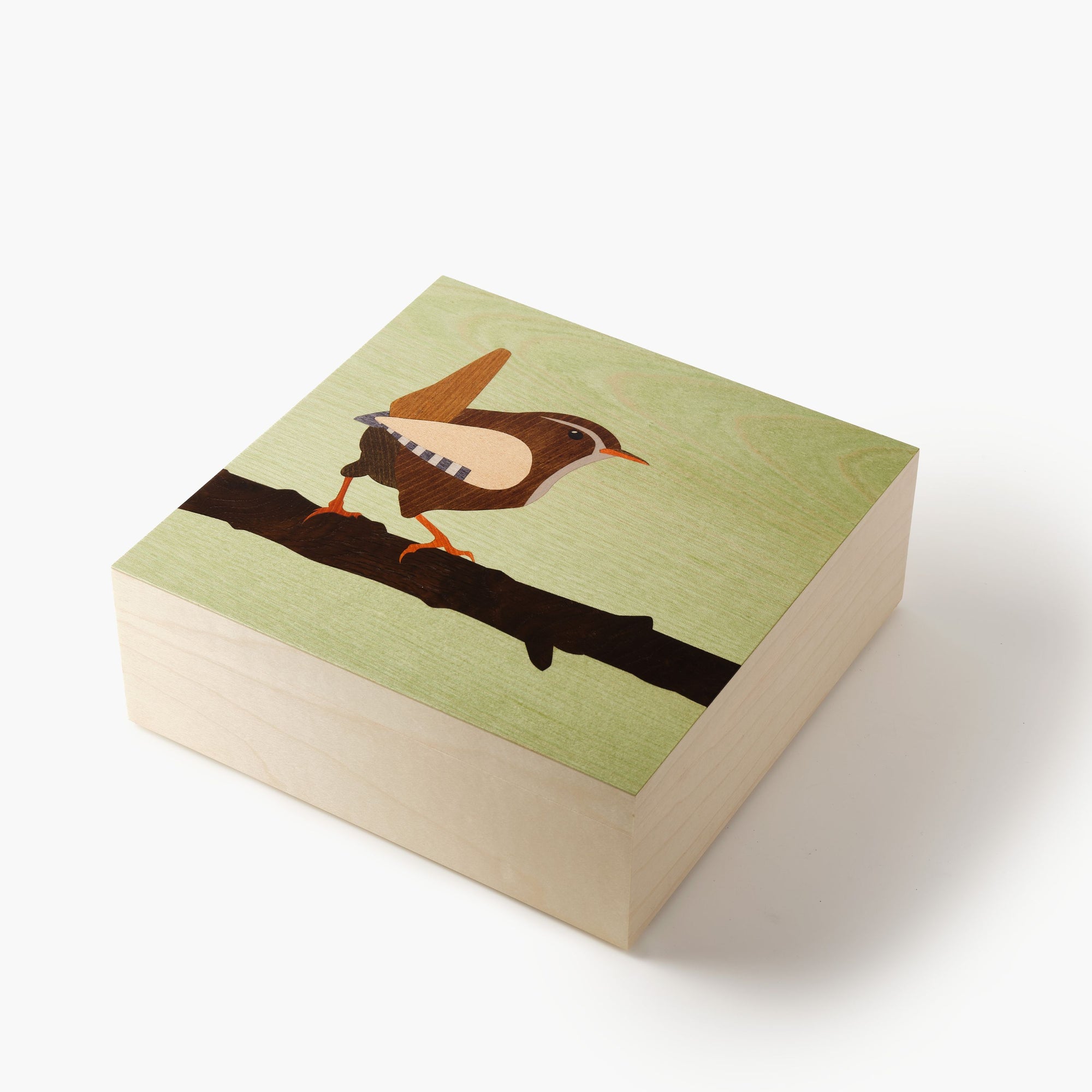 Marquetry box by Kevin Stamper featuring a wren motif on hand-dyed veneer, suede-lined interior, handmade in Worcestershire.