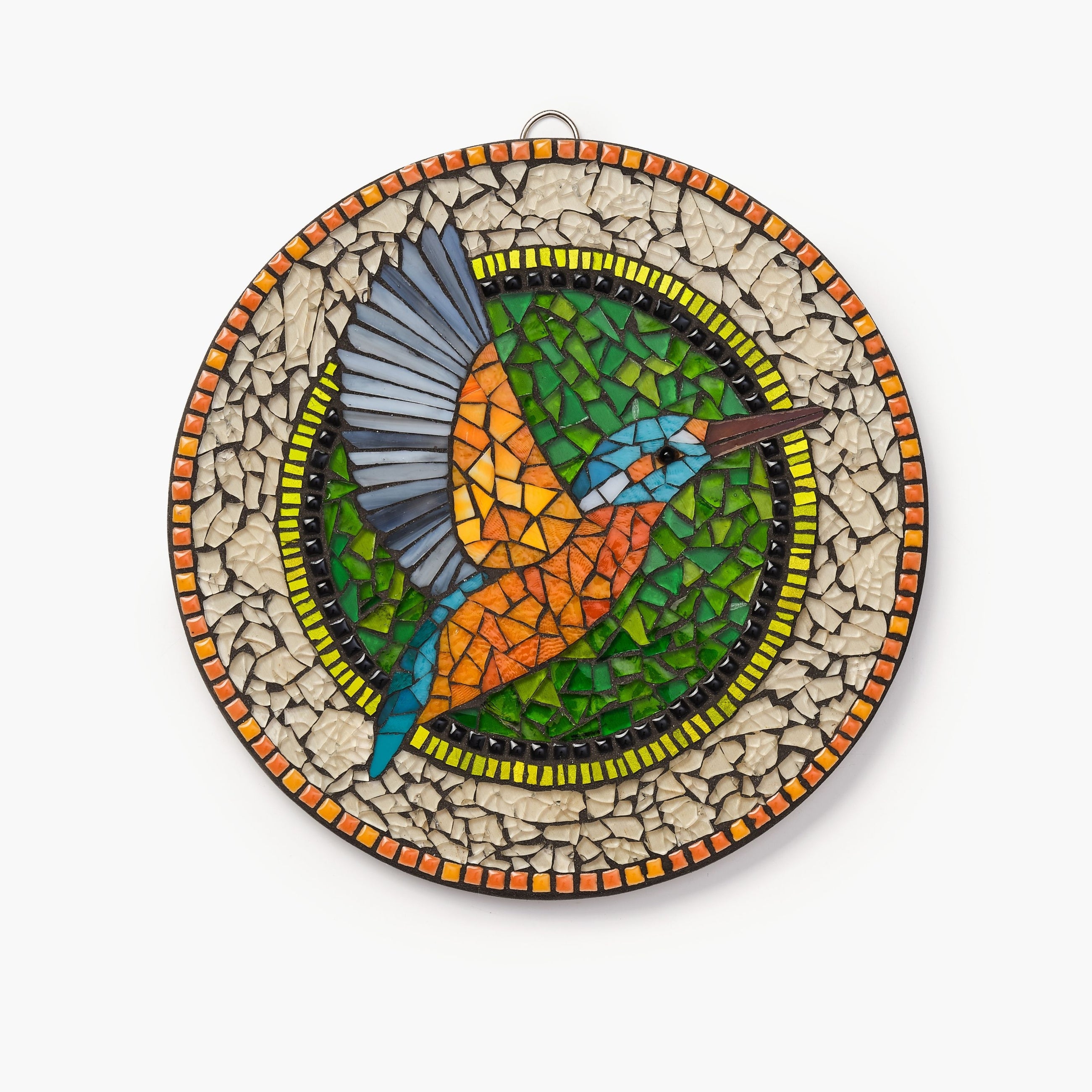 Mosaic artwork of a kingfisher with a textured stone border on a white background