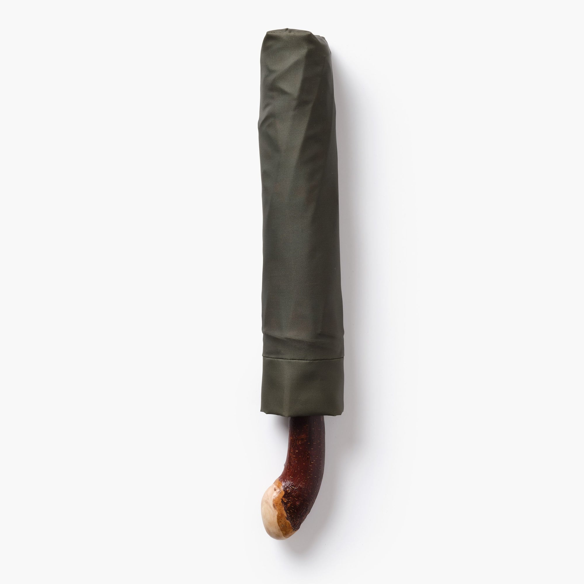 Folded green umbrella with a wooden handle on a white background
