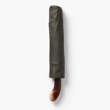 Folded green umbrella with a wooden handle on a white background