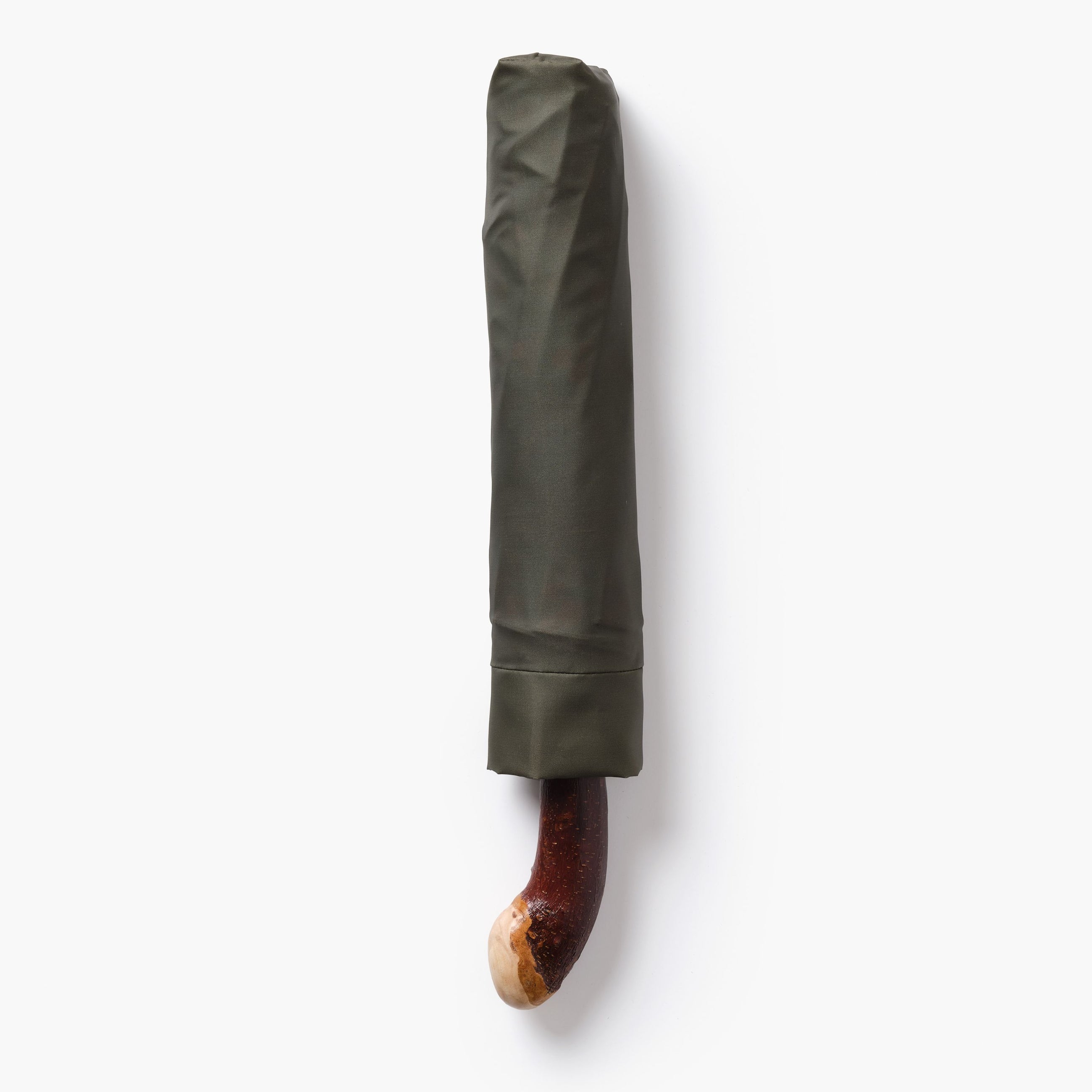 Folded green umbrella with a wooden handle on a white background