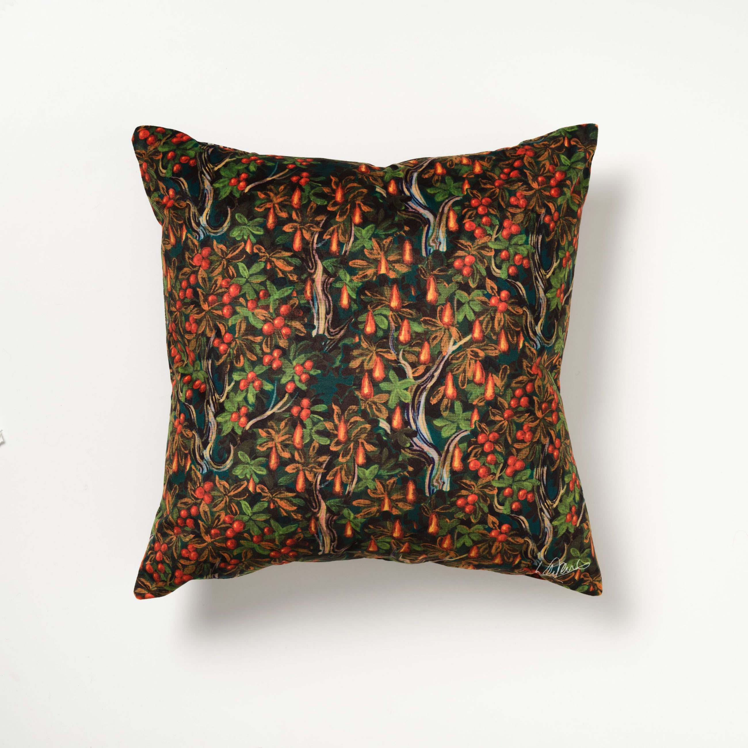 Decorative pillow with a floral pattern on a white background