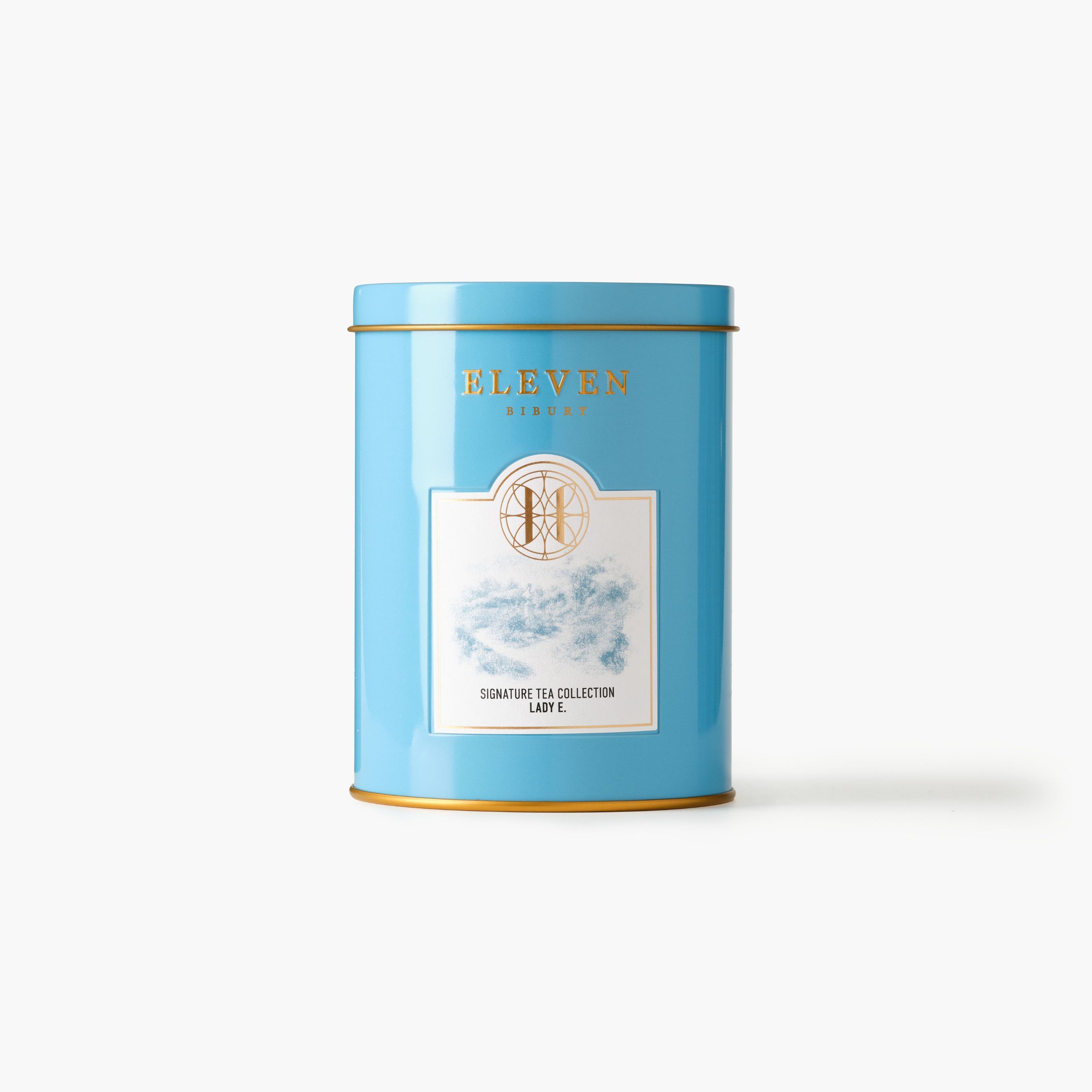Blue tea canister with 'Eleven Bibury' branding on a white background
