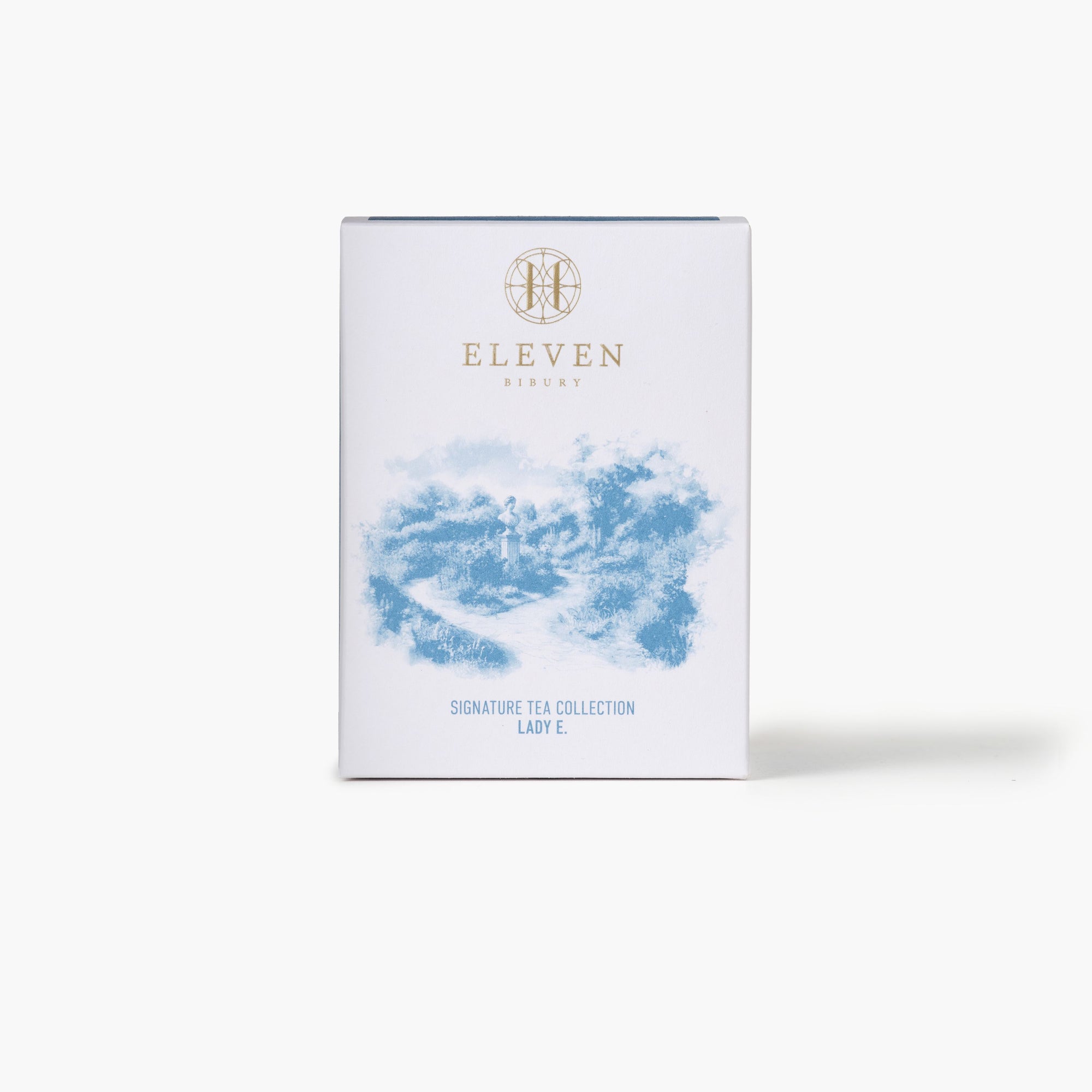 Tea box with 'Eleven Bibury' branding on a white background