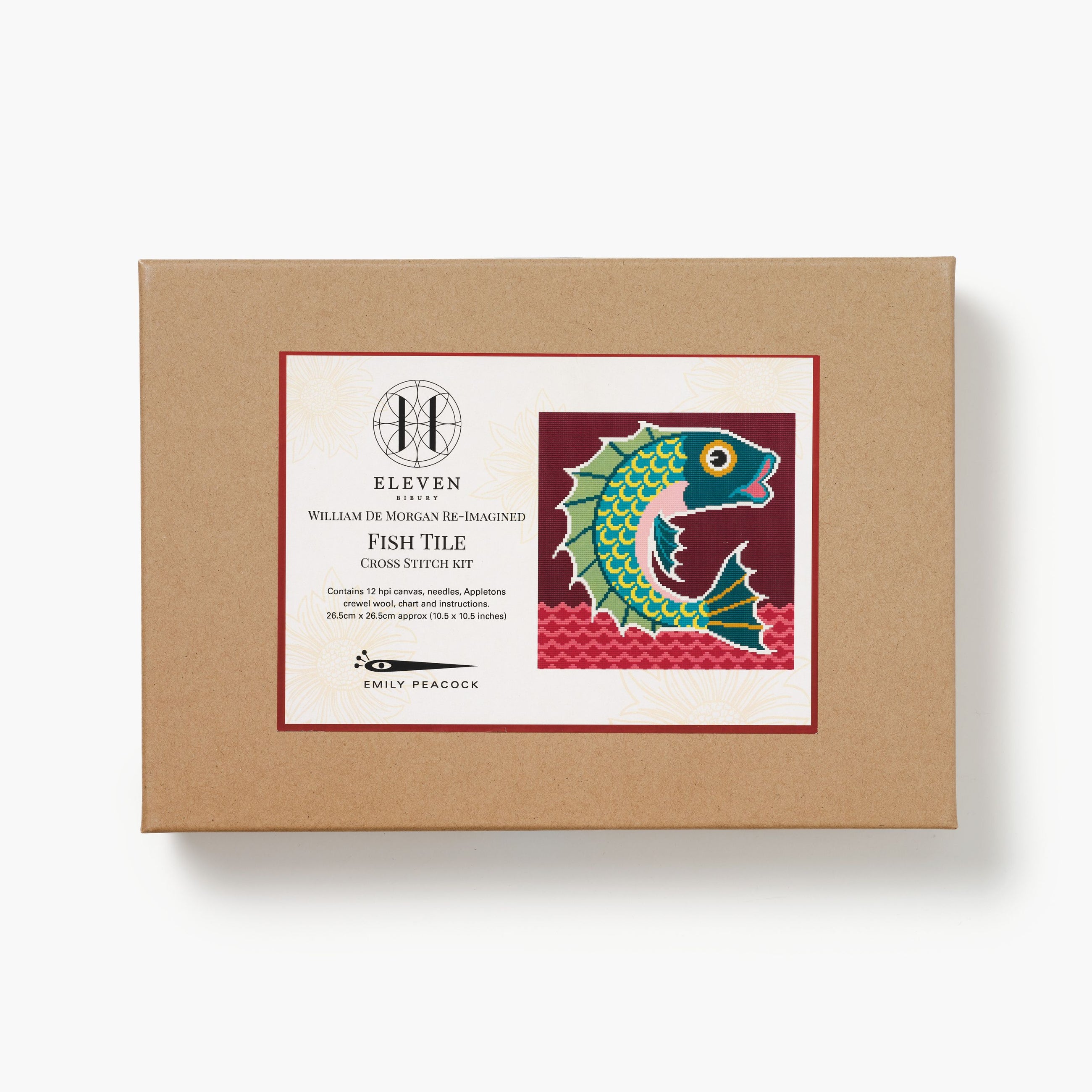 Boxed fish tile cross stitch kit with a colorful fish illustration on a white background