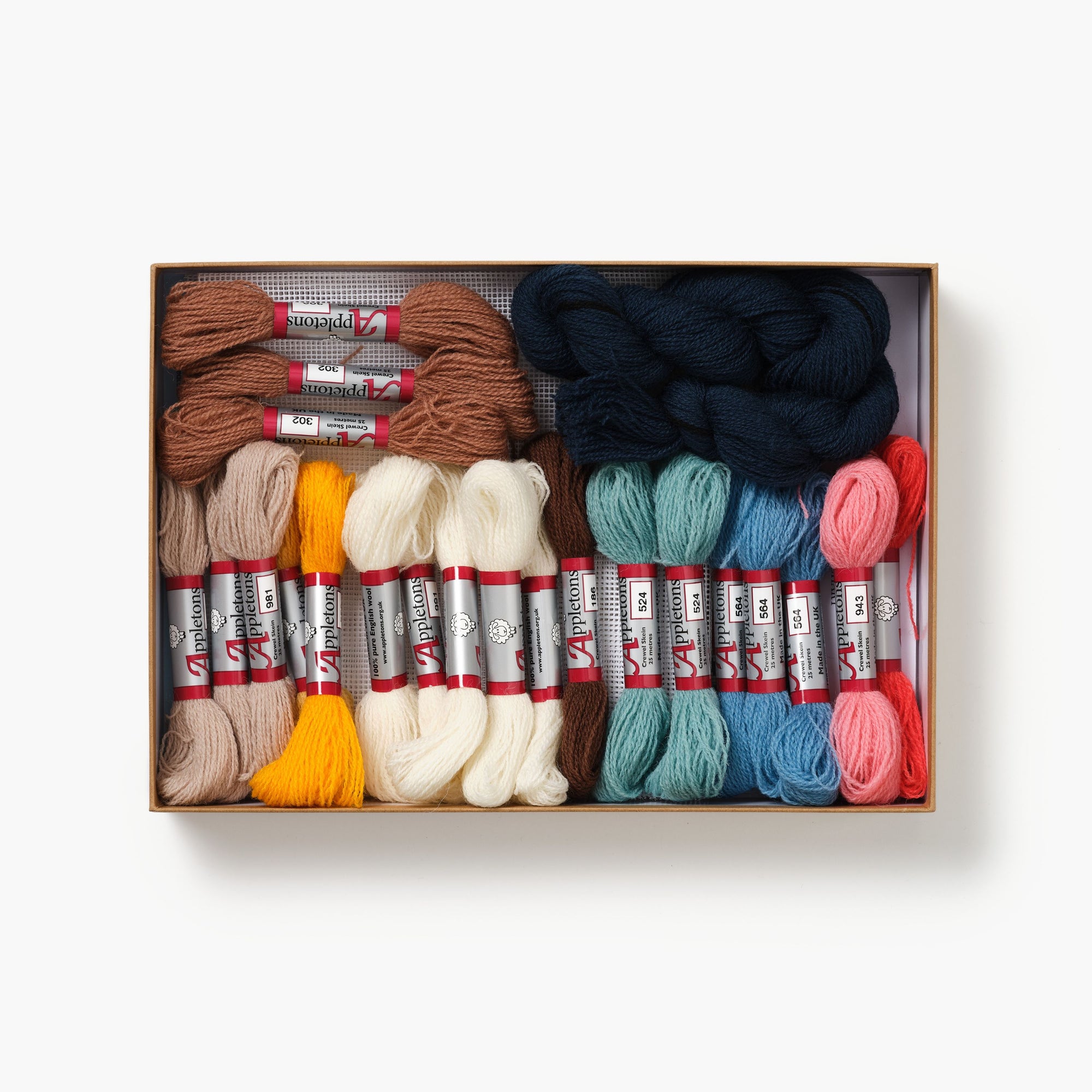 Box of embroidery floss with colorful skeins on a white background