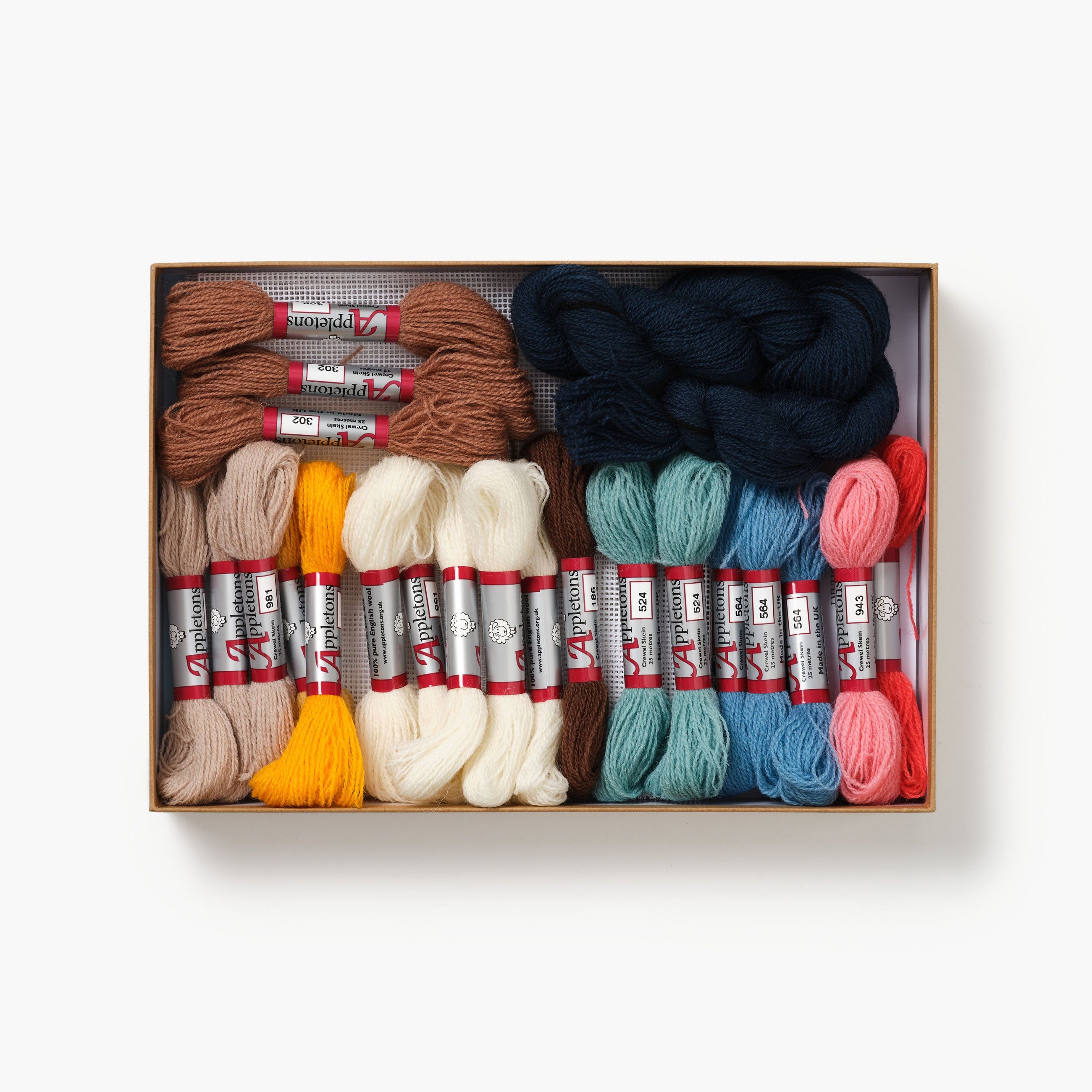Box of embroidery floss with colorful skeins on a white background