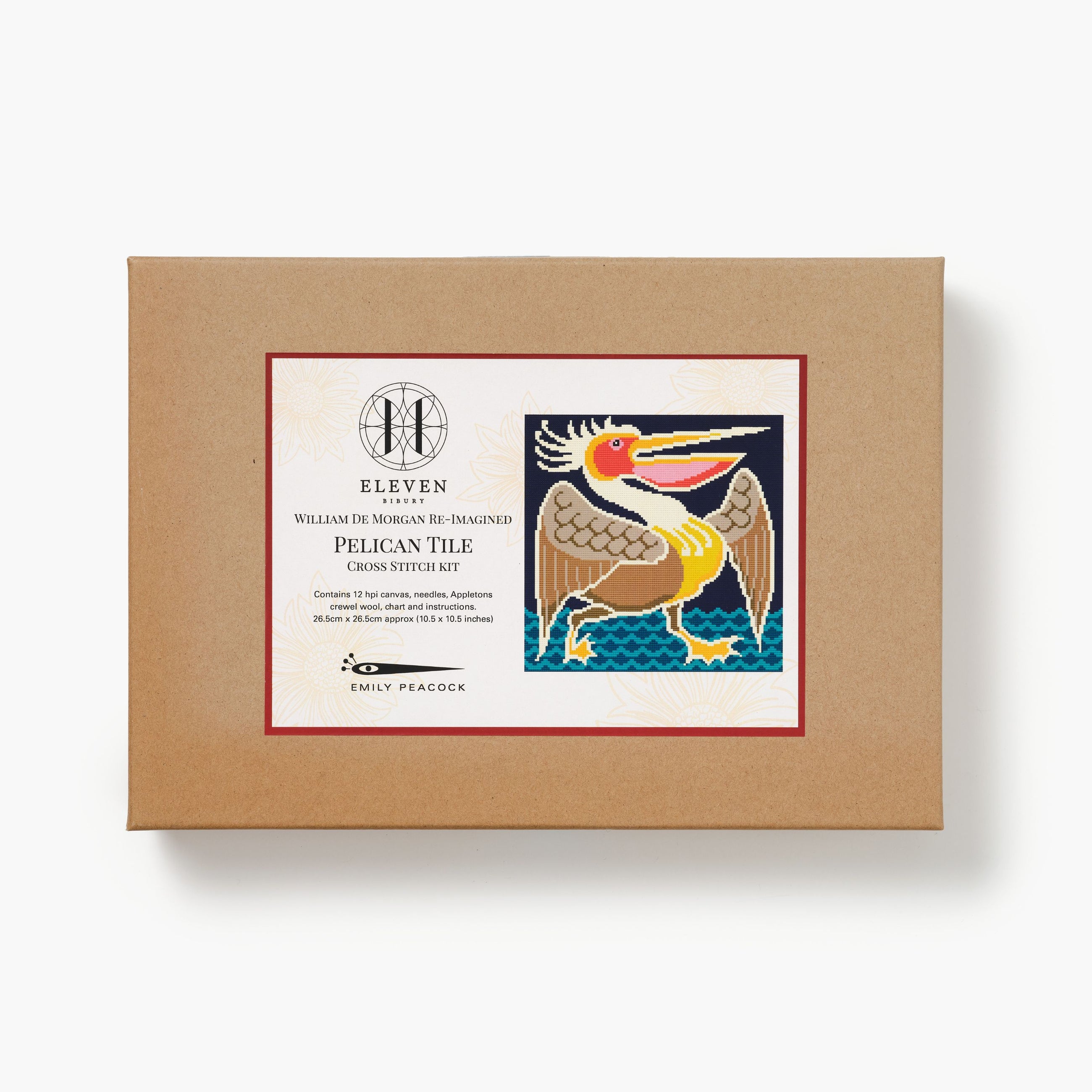 Boxed cross stitch kit with pelican design on a white background