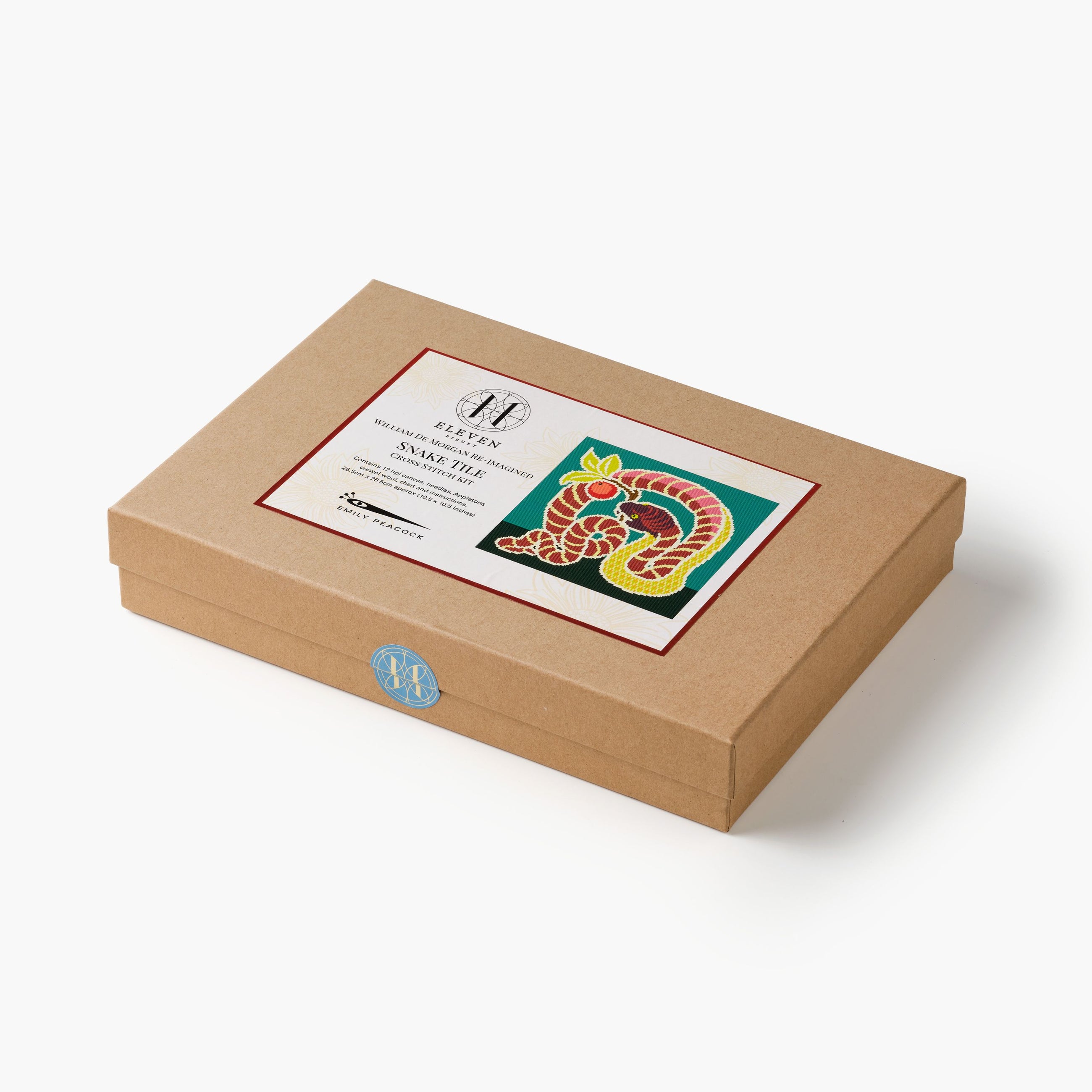 Brown box with a colorful label featuring a snake design on a white background