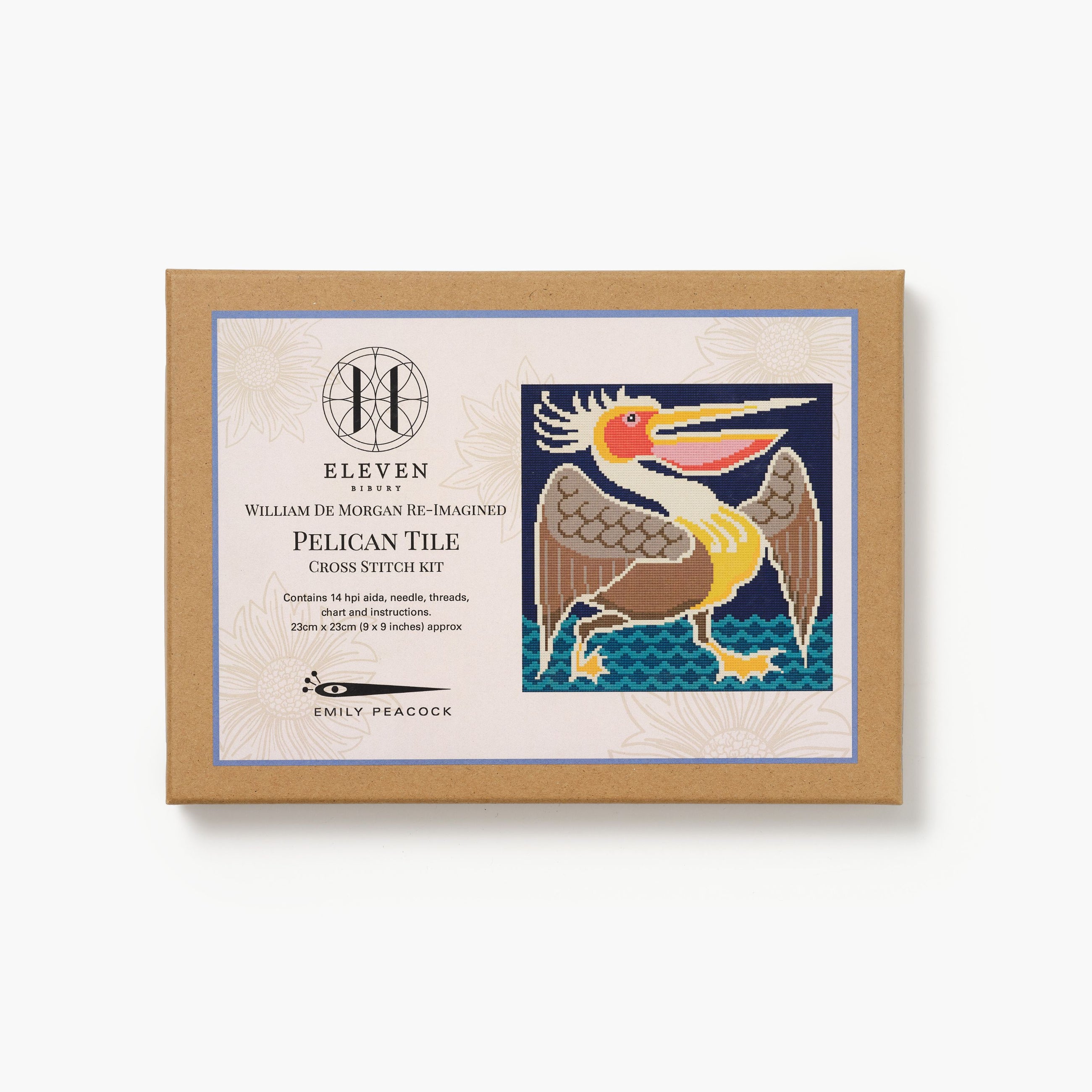 Cross stitch kit packaging with pelican design on a white background