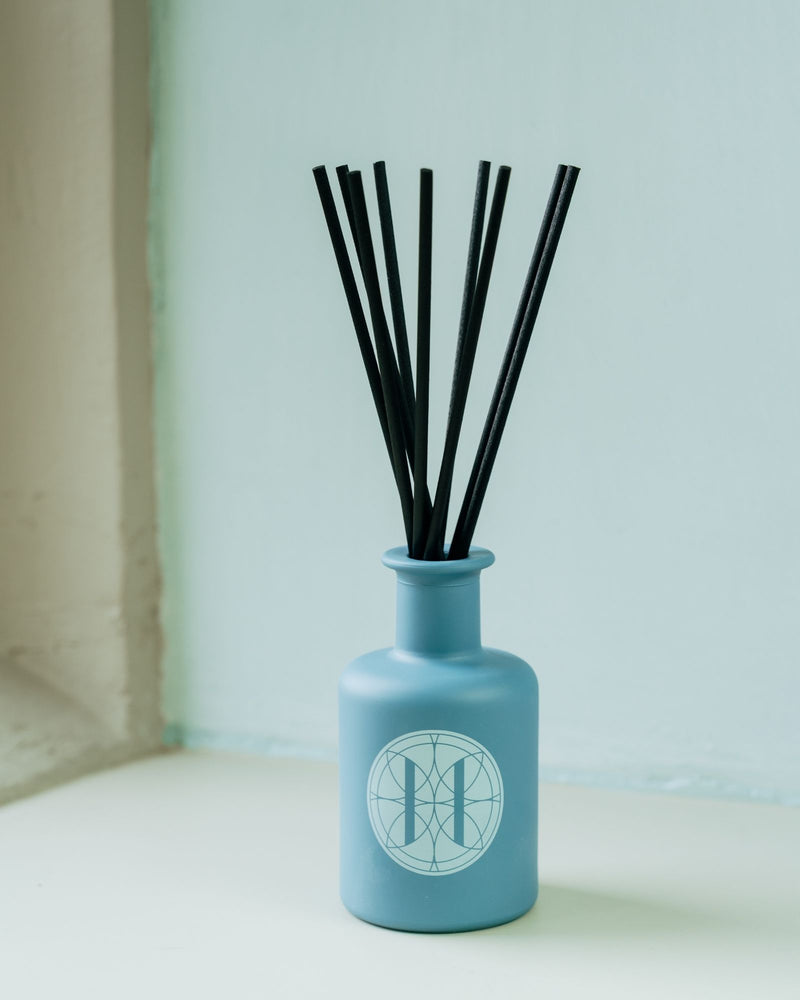 Blue diffuser bottle with black sticks on windowsill