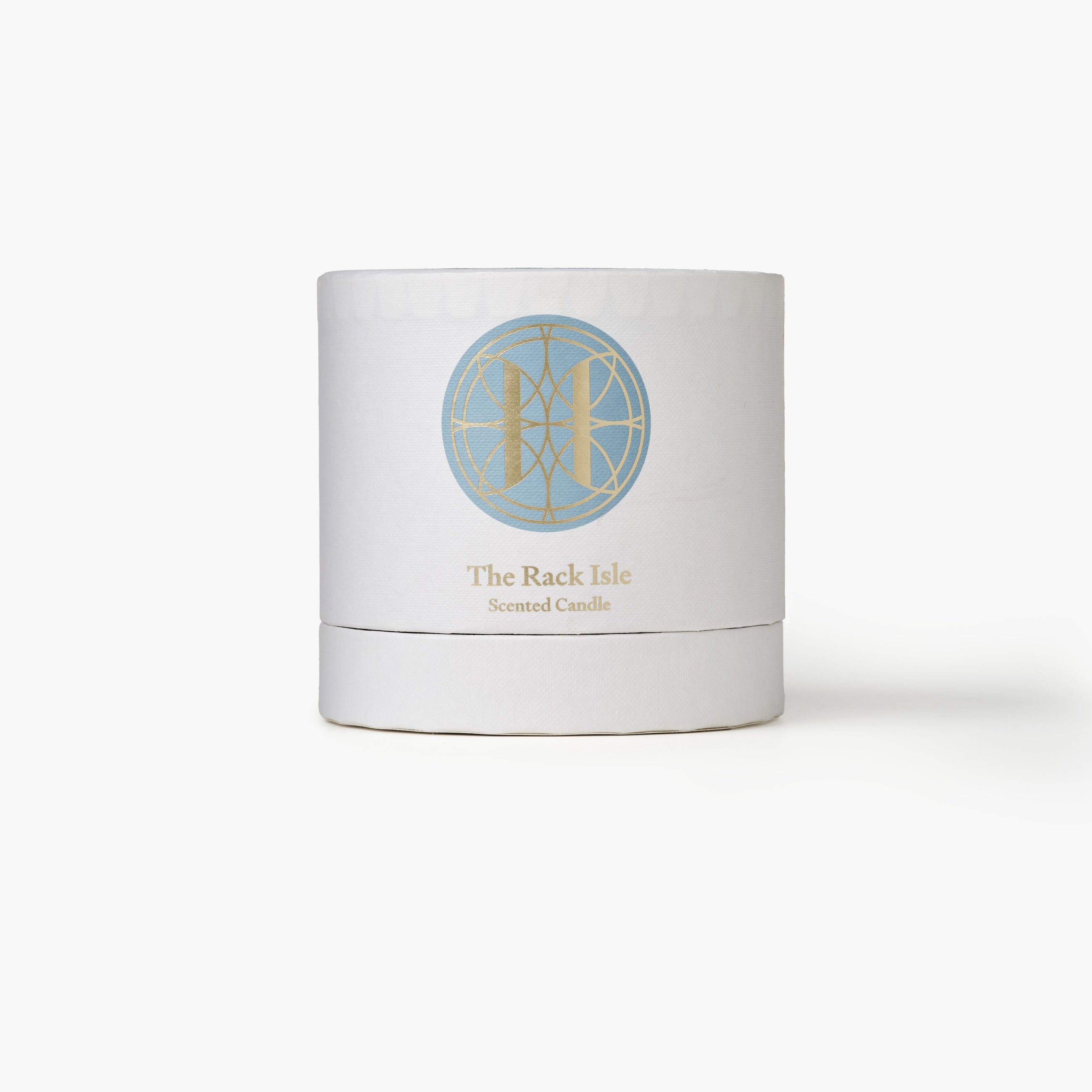 Eleven Bibury 'Rack Isle' white candle box with a blue and gold logo on a white background