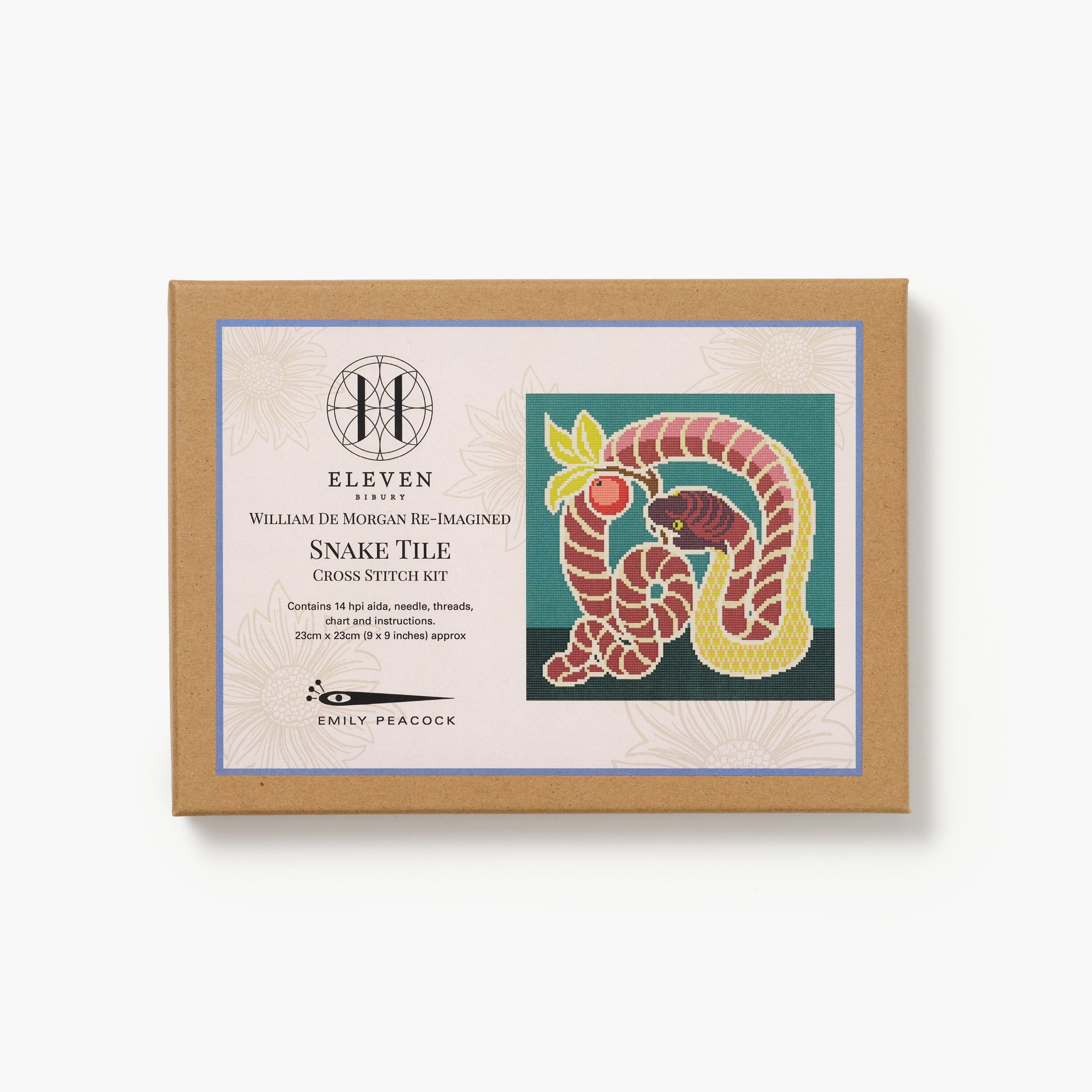 Cross stitch kit packaging with snake design and 'Eleven' branding on a white background