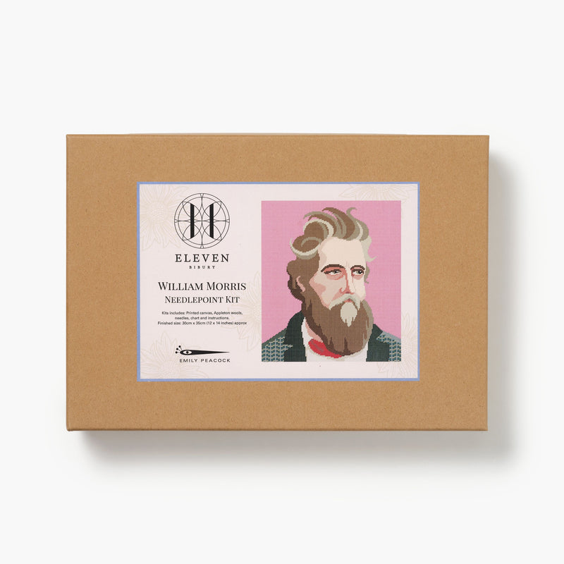 Boxed needlepoint kit with a portrait of William Morris on a pink background