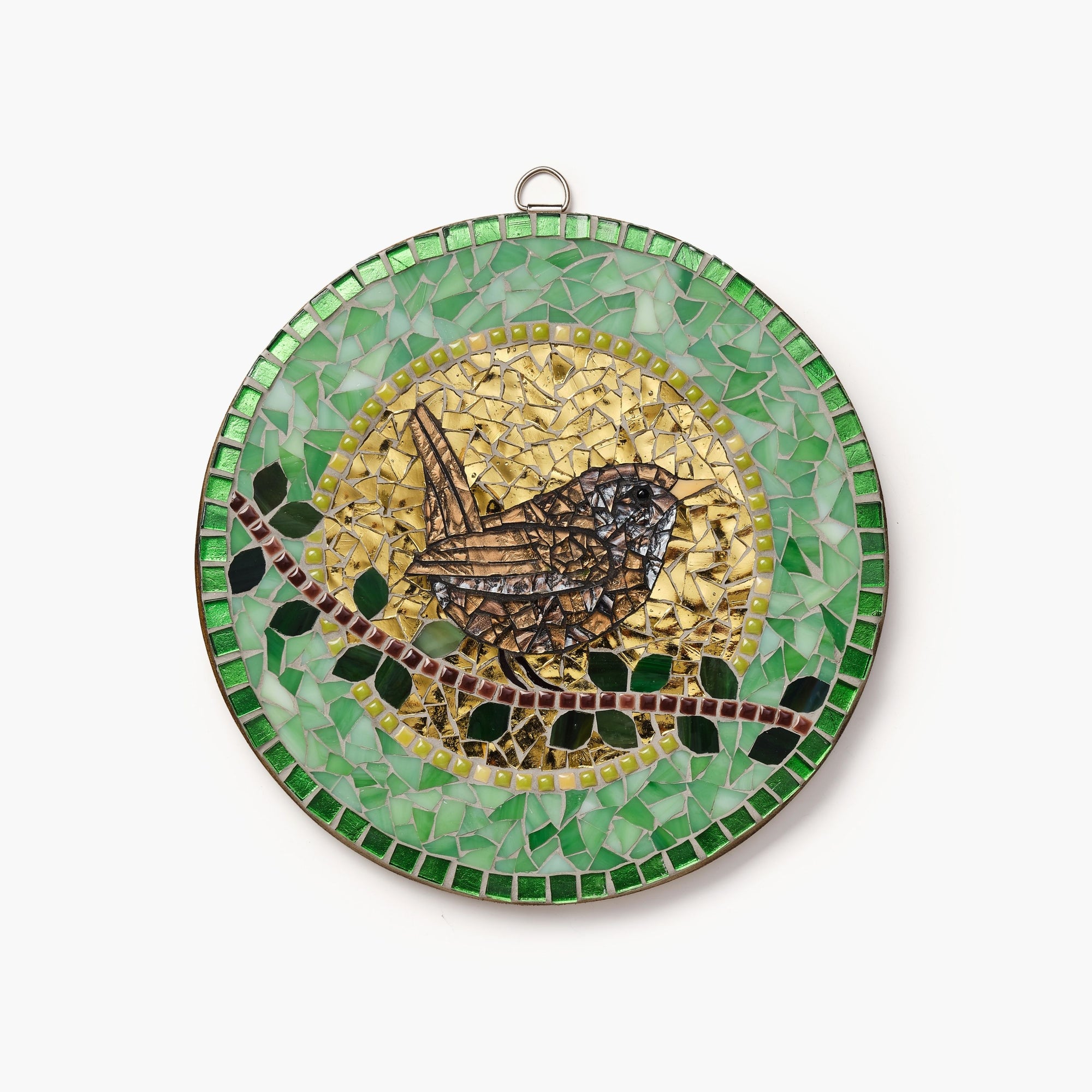 Round mosaic art piece with a bird design on a white background