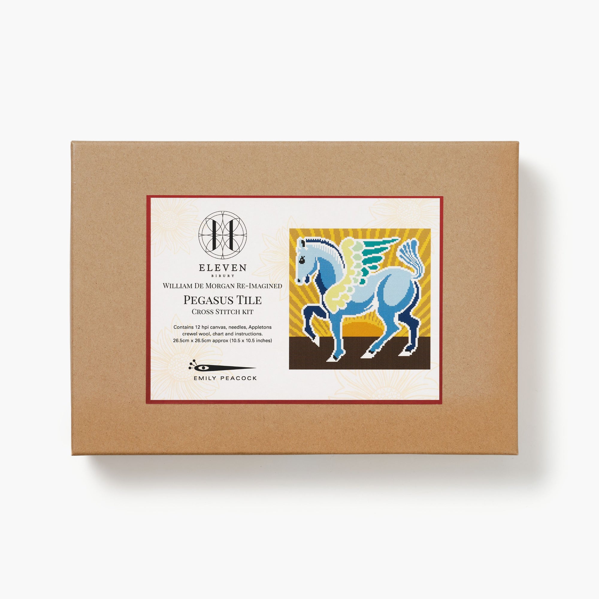 Box with a Pegasus tile design and brand label on a white background